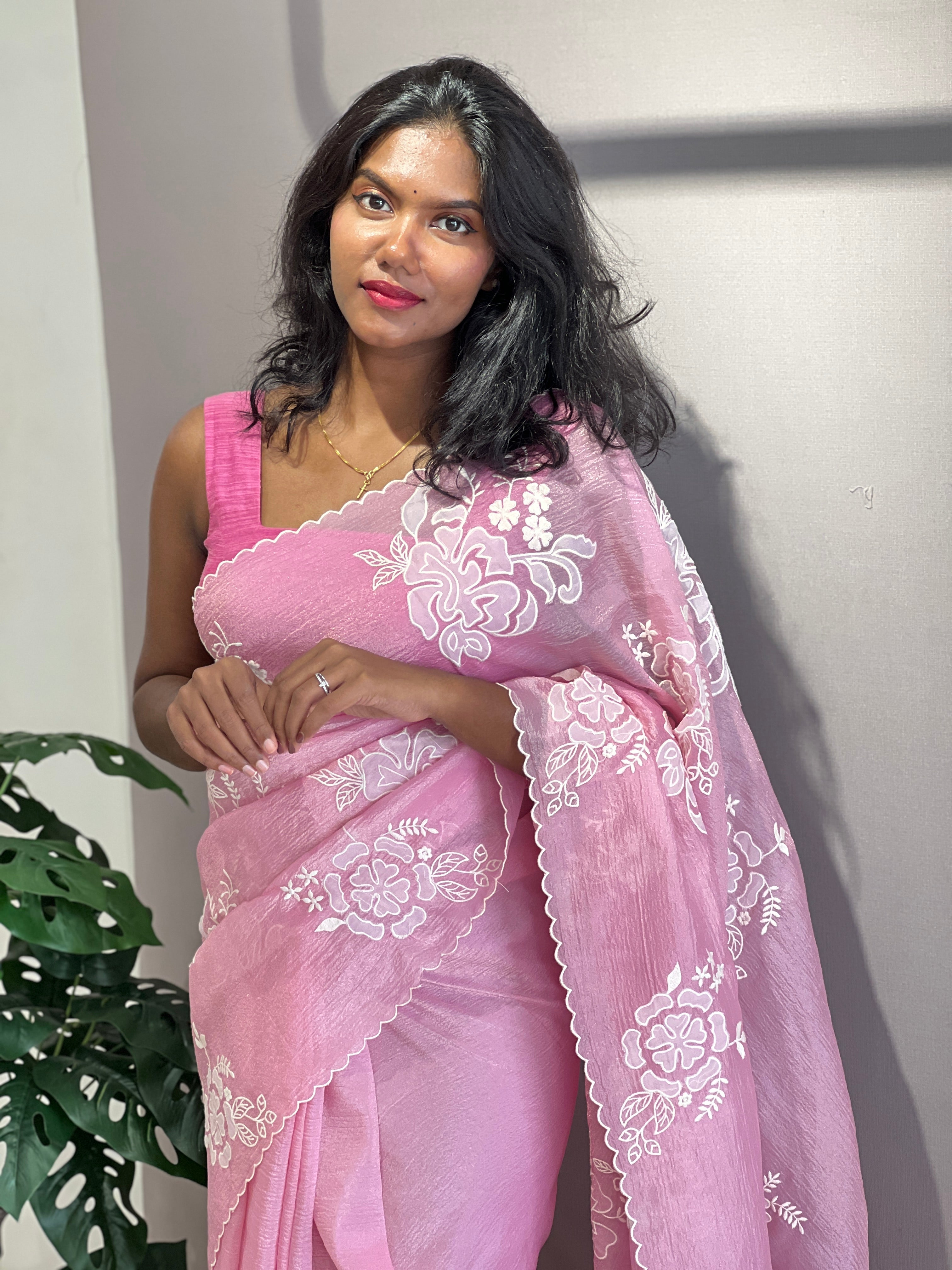 Floral Applique Detailed Crushed Shimmer Organza Saree | BLD1771