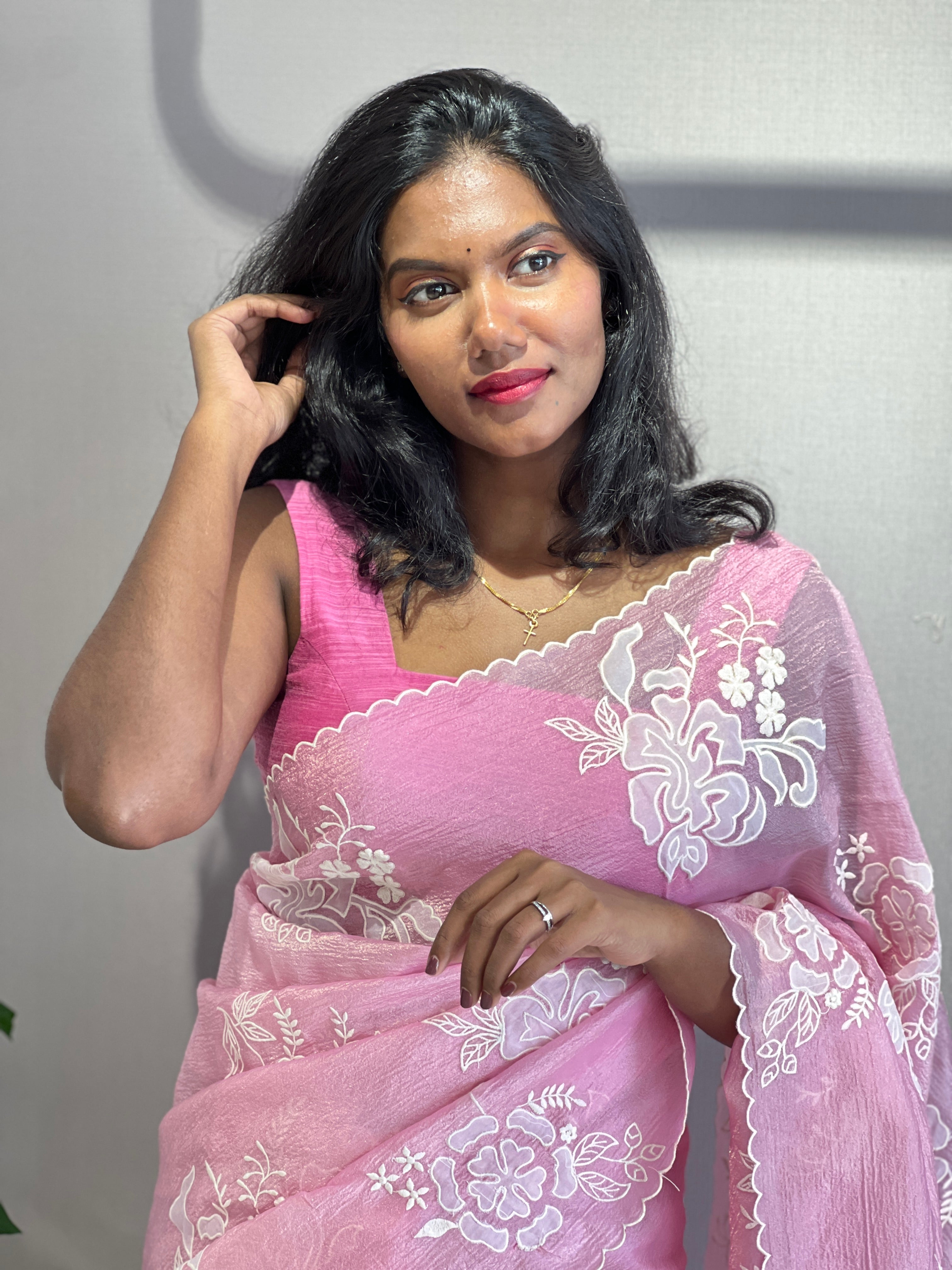 Floral Applique Detailed Crushed Shimmer Organza Saree | BLD1771