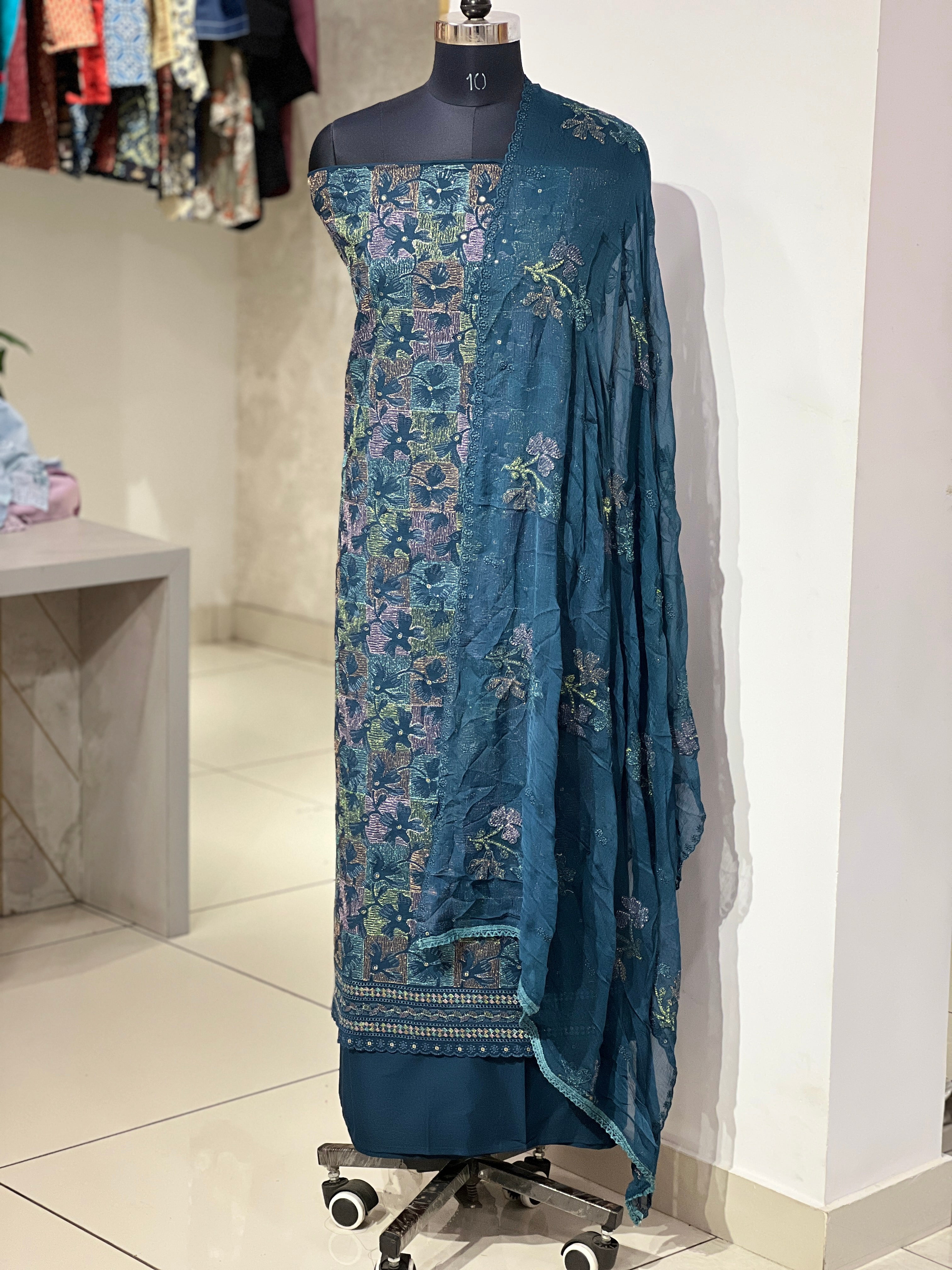 Multi-Colour Zari Embroidery Detailed Cambric Cotton Salwar Set | GE139