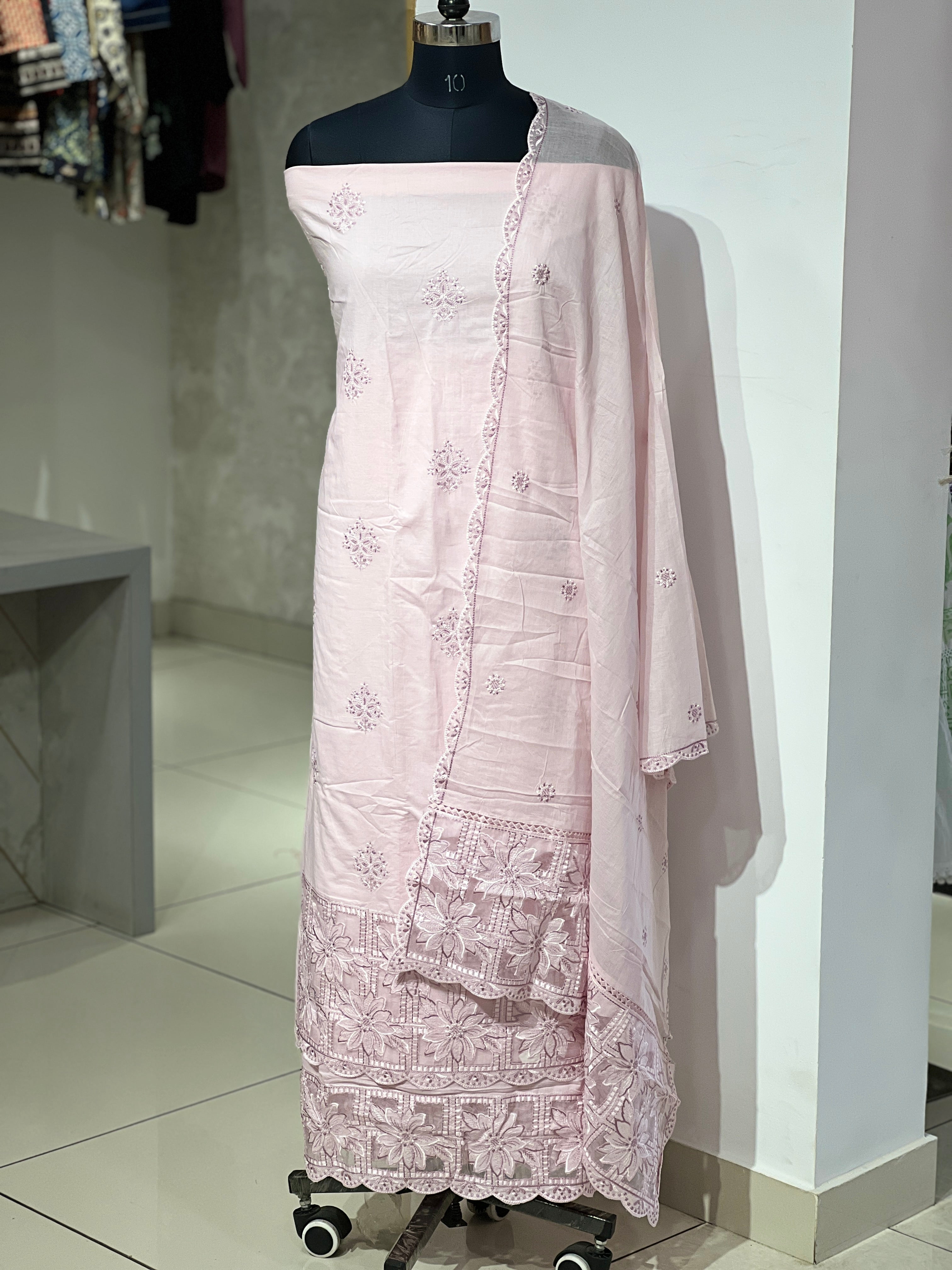 Floral Embroidery Applique Work Detailed Cambric Cotton Salwar Set | GE124