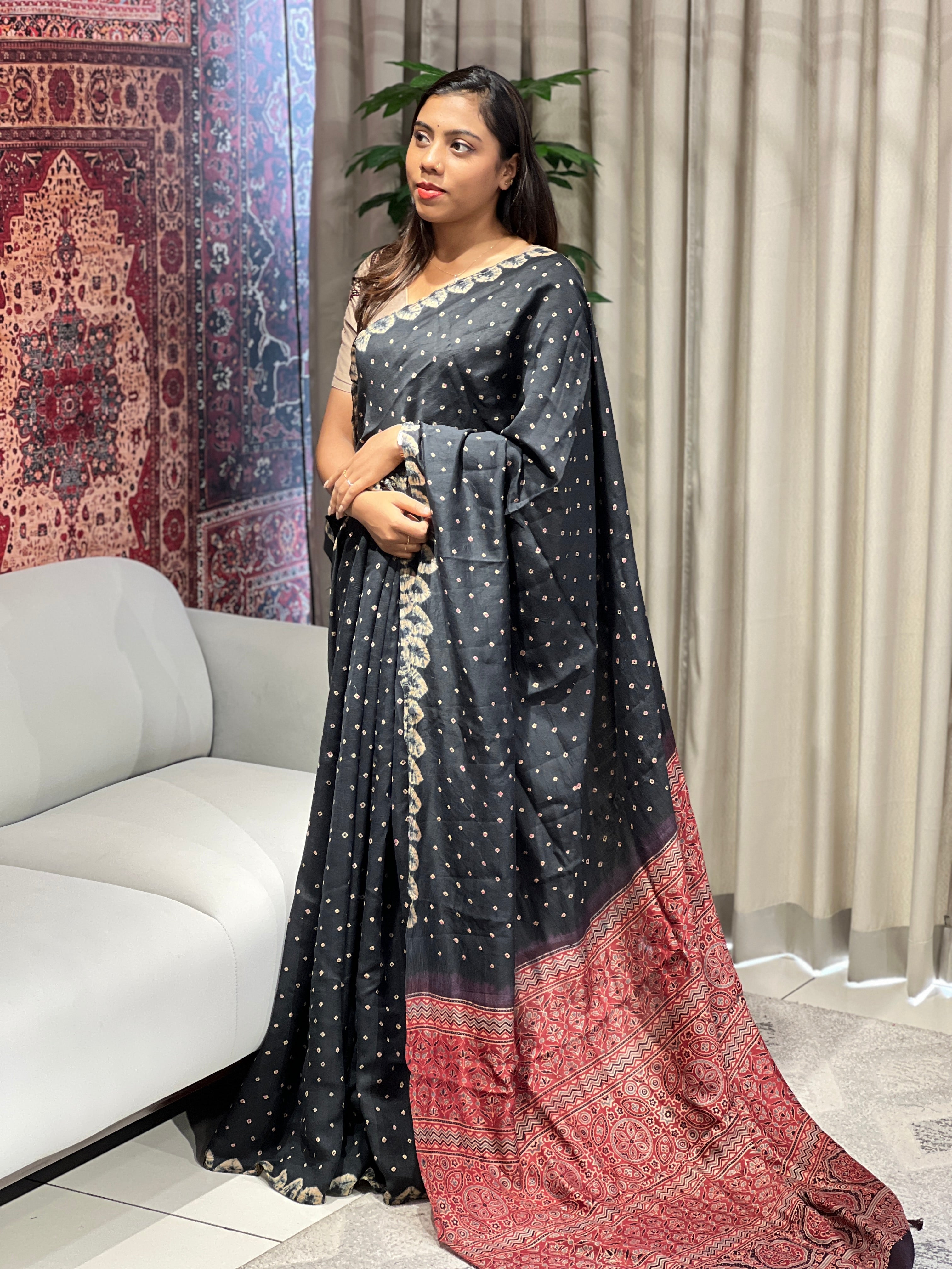 Bandhani & Ajrakh Detailed Pure Silk Saree | YNG753