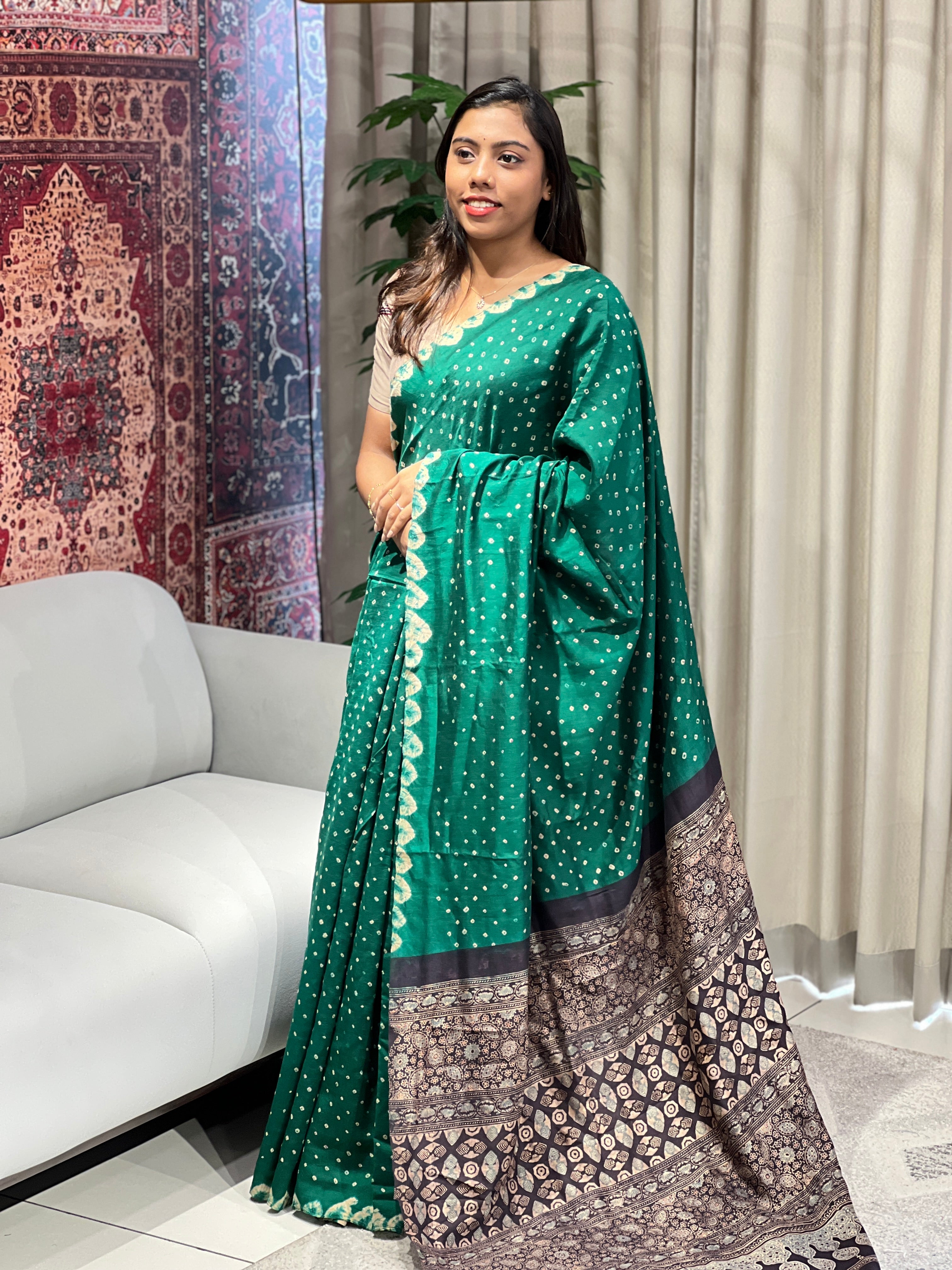 Bandhani & Ajrakh Detailed Pure Silk Saree | YNG754