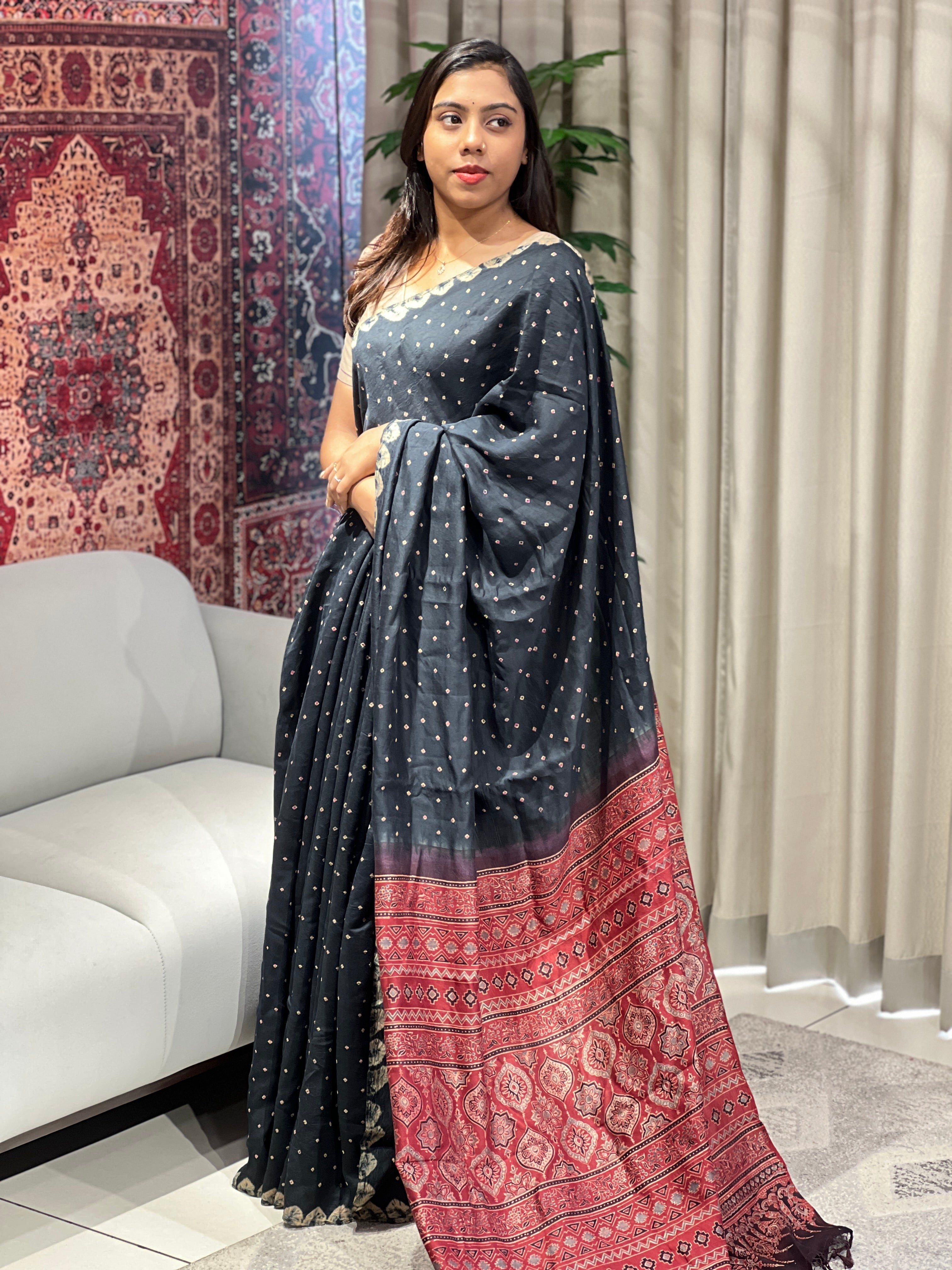 Bandhani & Ajrakh Detailed Pure Silk Saree | YNG757