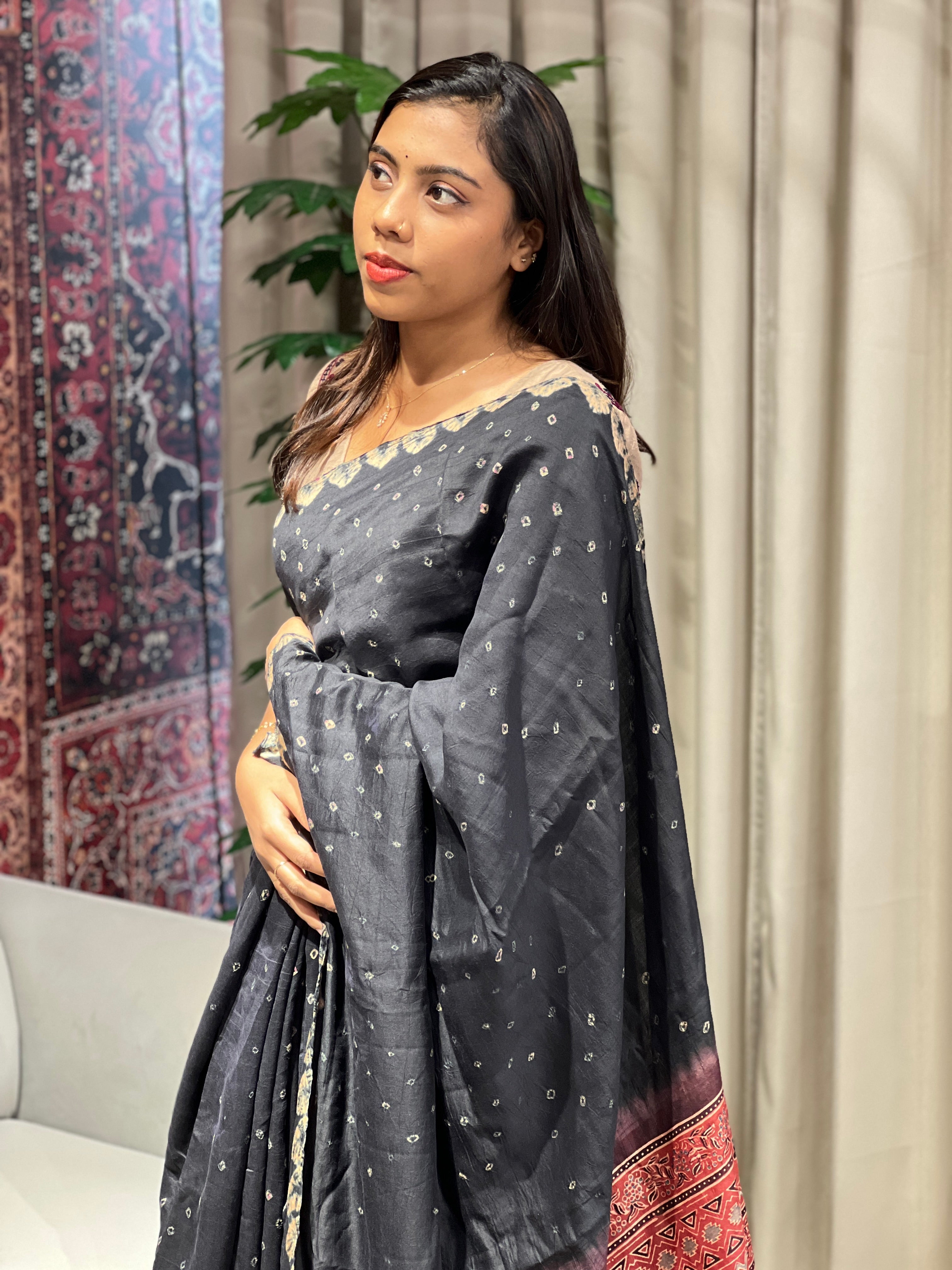 Bandhani & Ajrakh Detailed Pure Silk Saree | YNG755