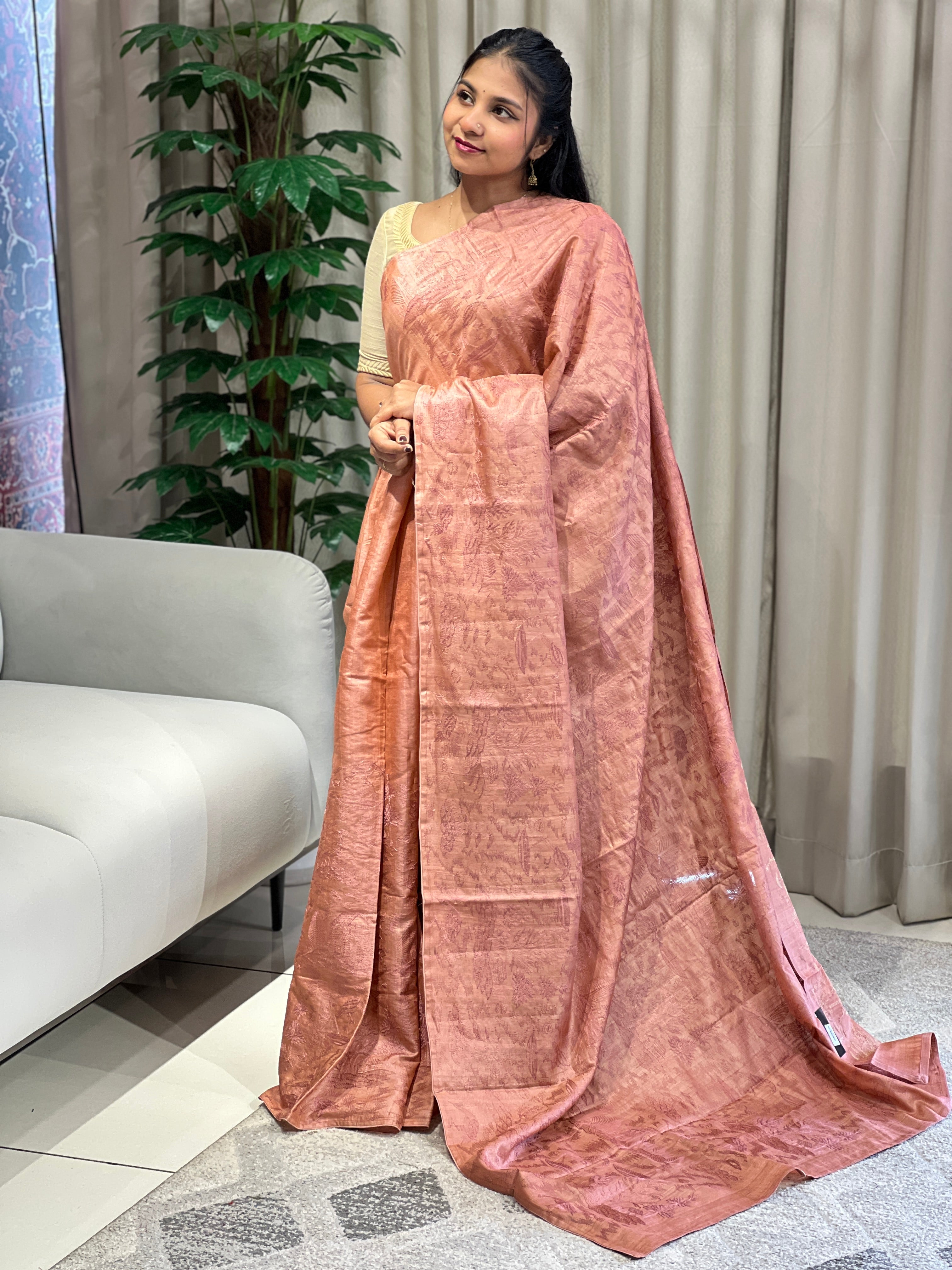 Machine Embroidery Detailed Pure Tussar Saree | YNG823