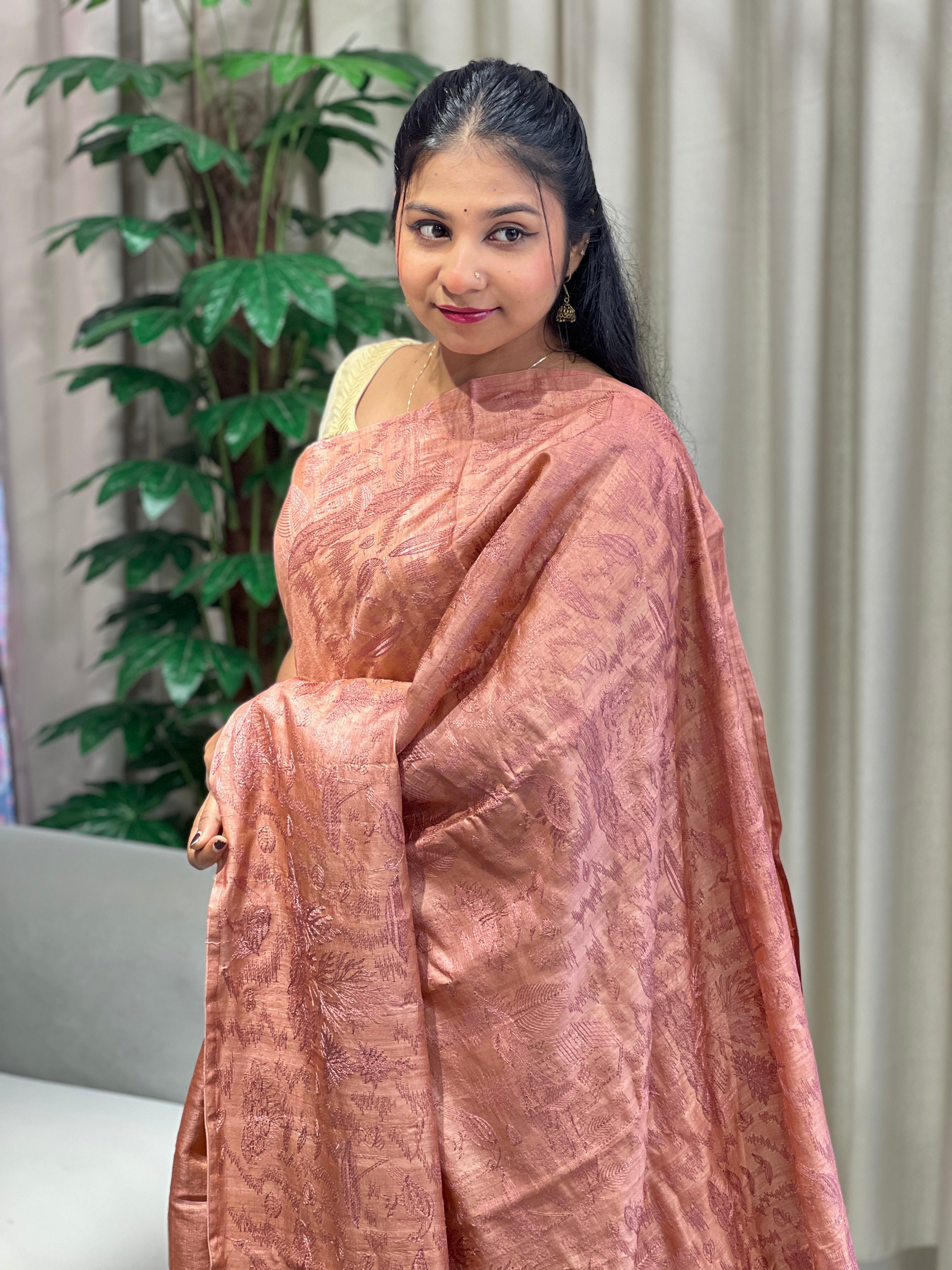 Machine Embroidery Detailed Pure Tussar Saree | YNG823