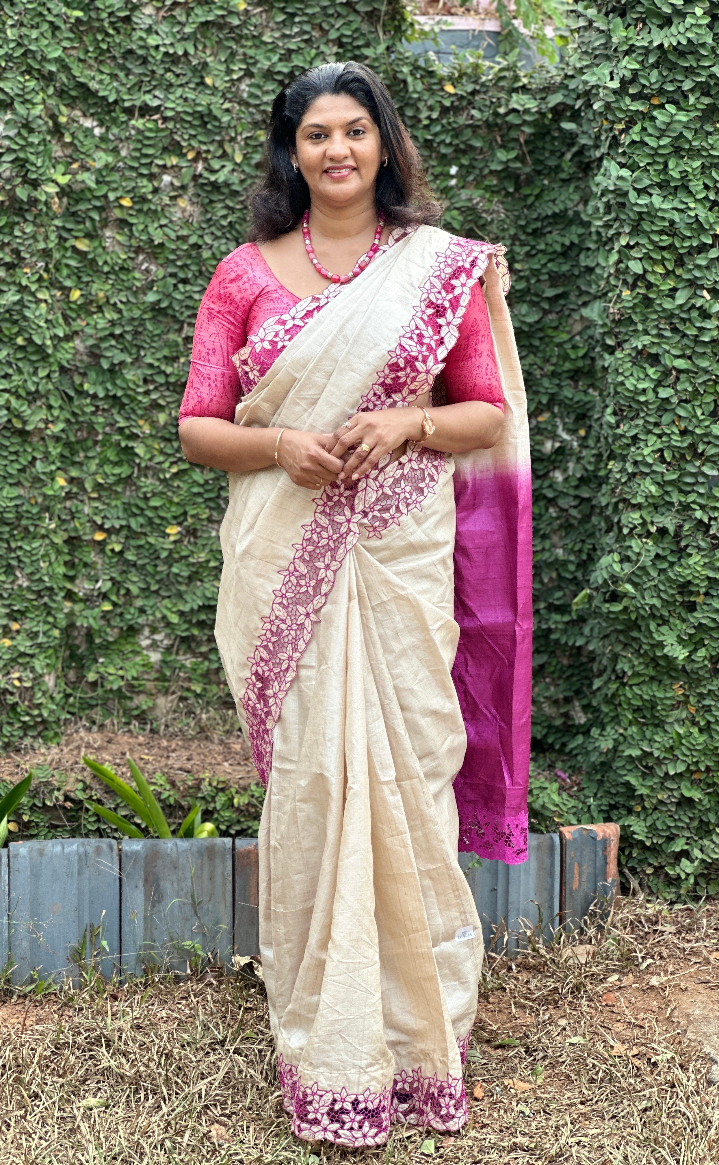 Beige & Magenta Color Twine Cutwork Desi Tussar Saree | TC272