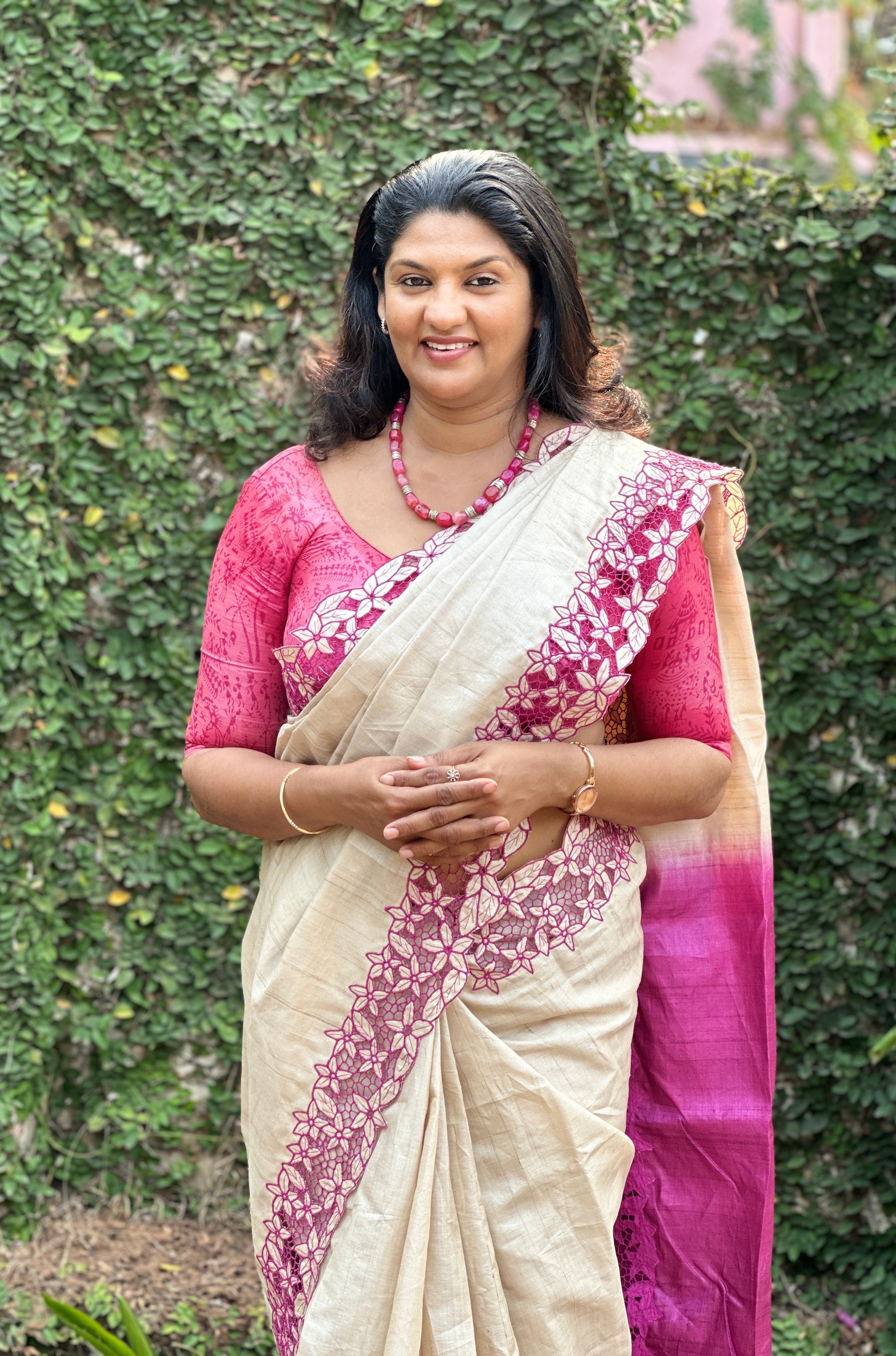 Beige & Magenta Color Twine Cutwork Desi Tussar Saree | TC272