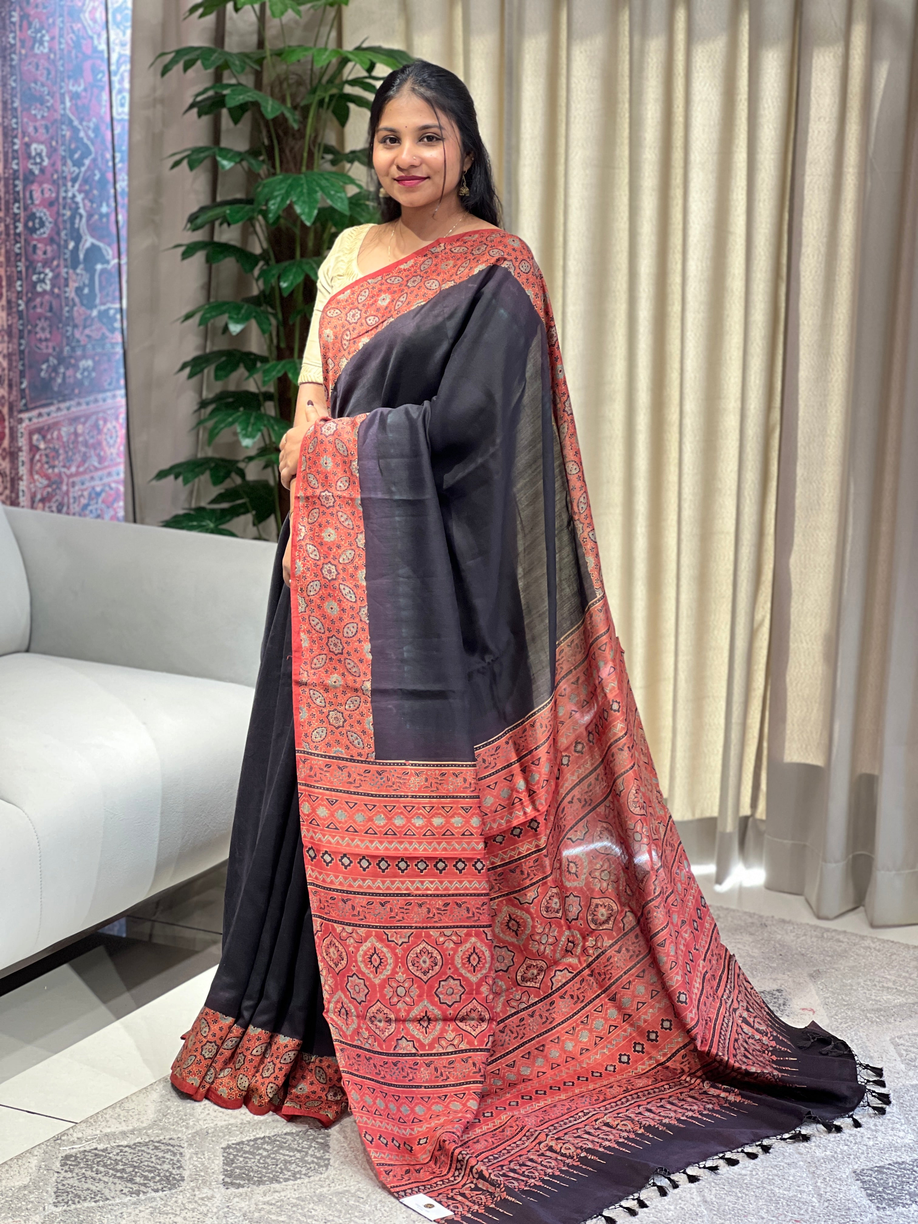 Ajrakh Printed Pure Silk Saree | YNG758