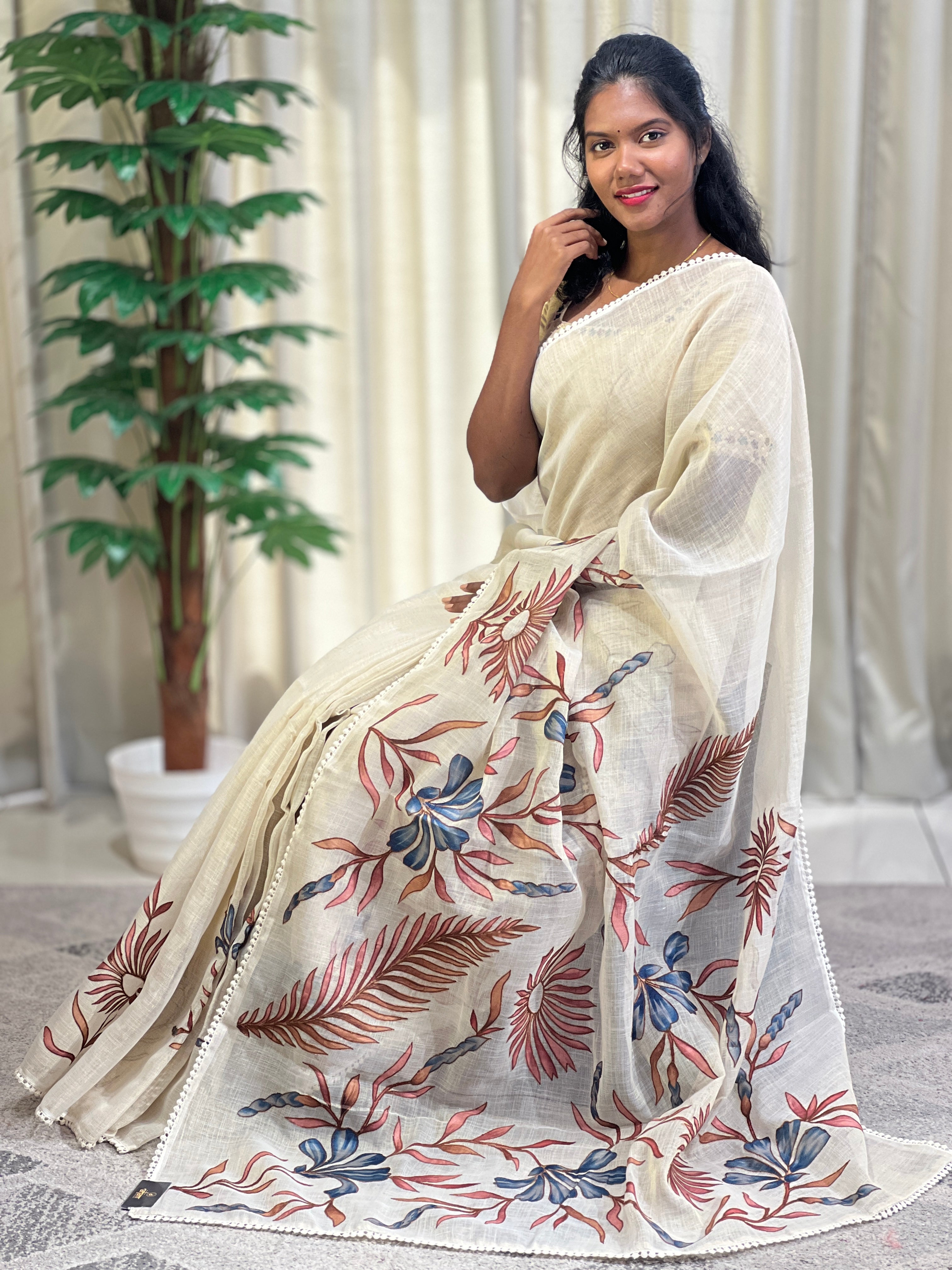 Floral Applique work Tissue Linen Saree | KSD268