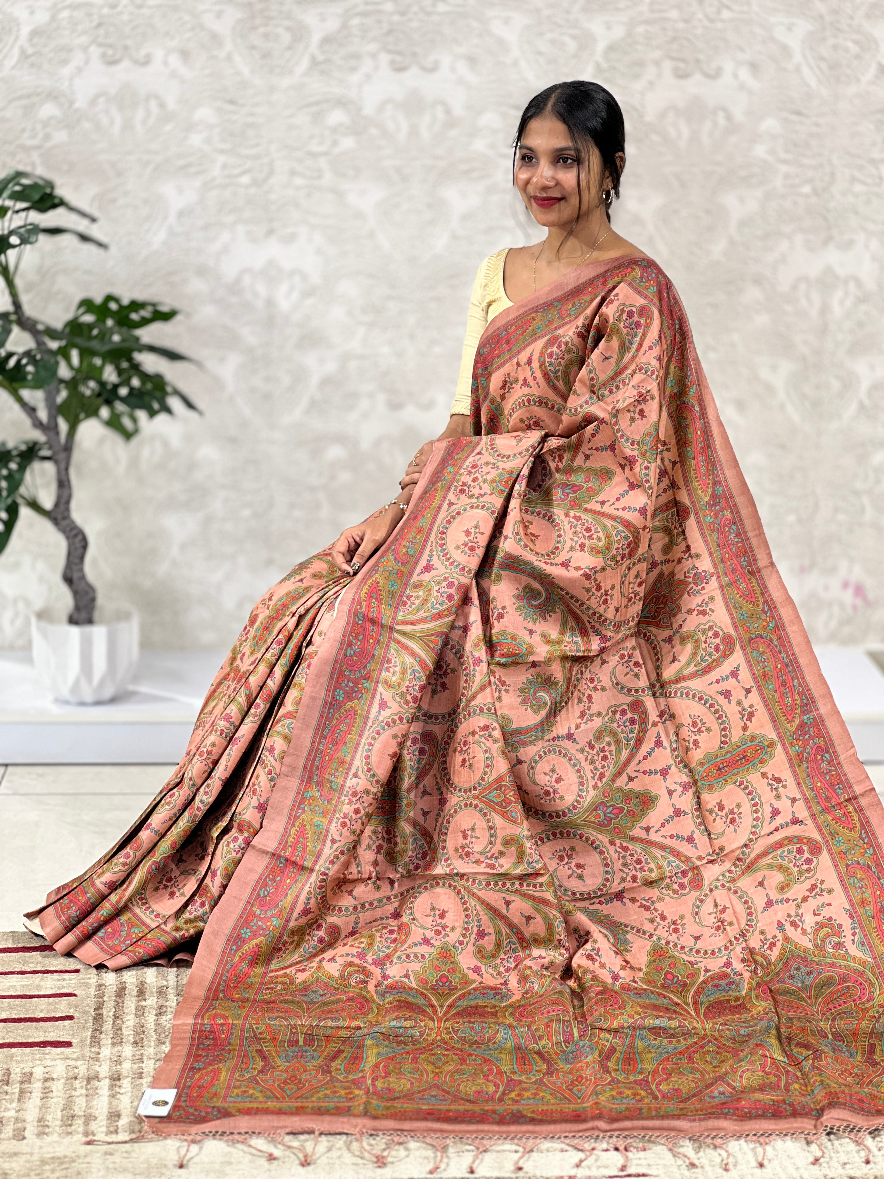 Paisley Patterned Digital Printed Muga Tussar Saree | RGD318