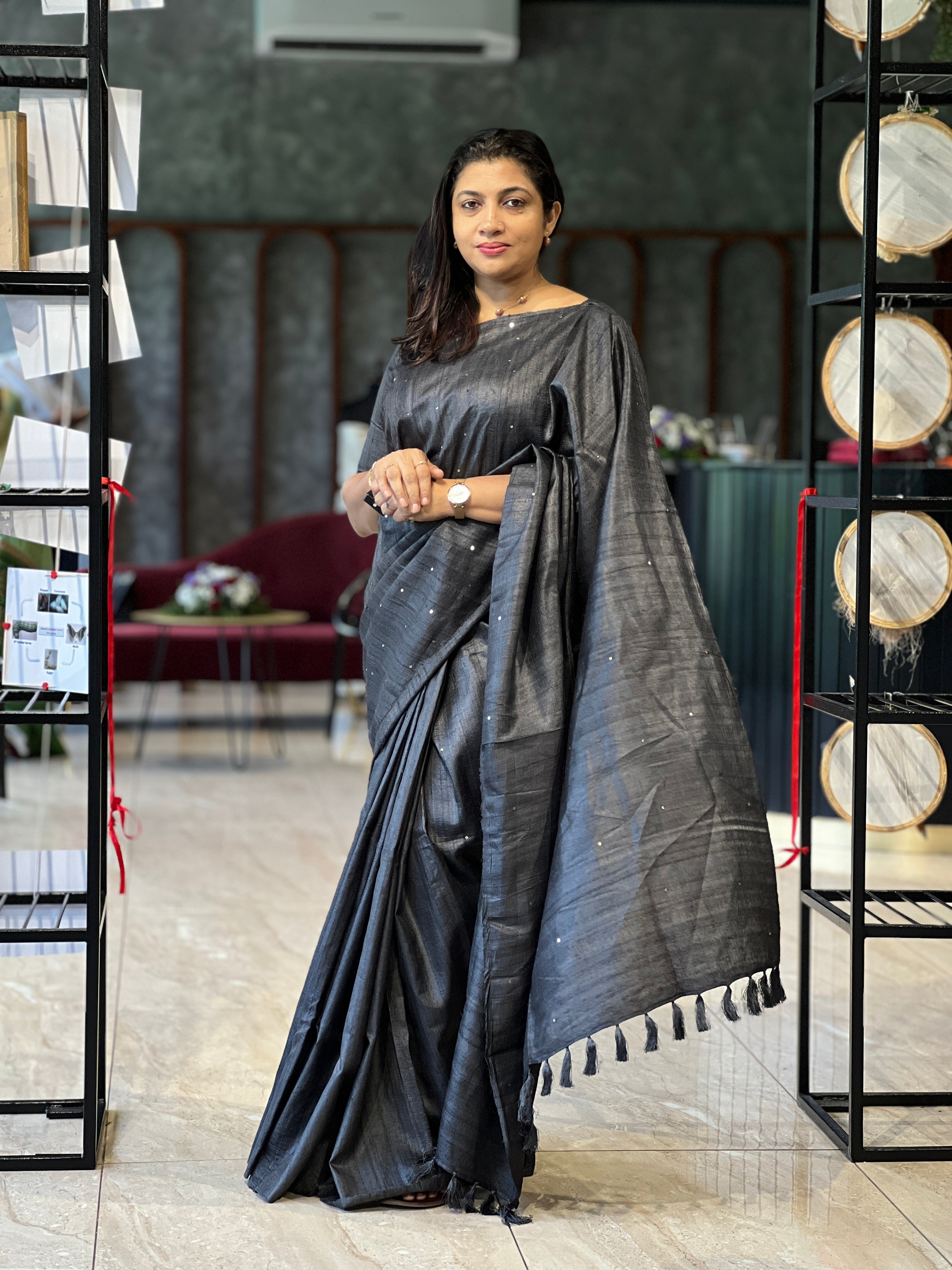 Sequence Highlighted Desi Handloom Tussar Saree With Blouse | DN717