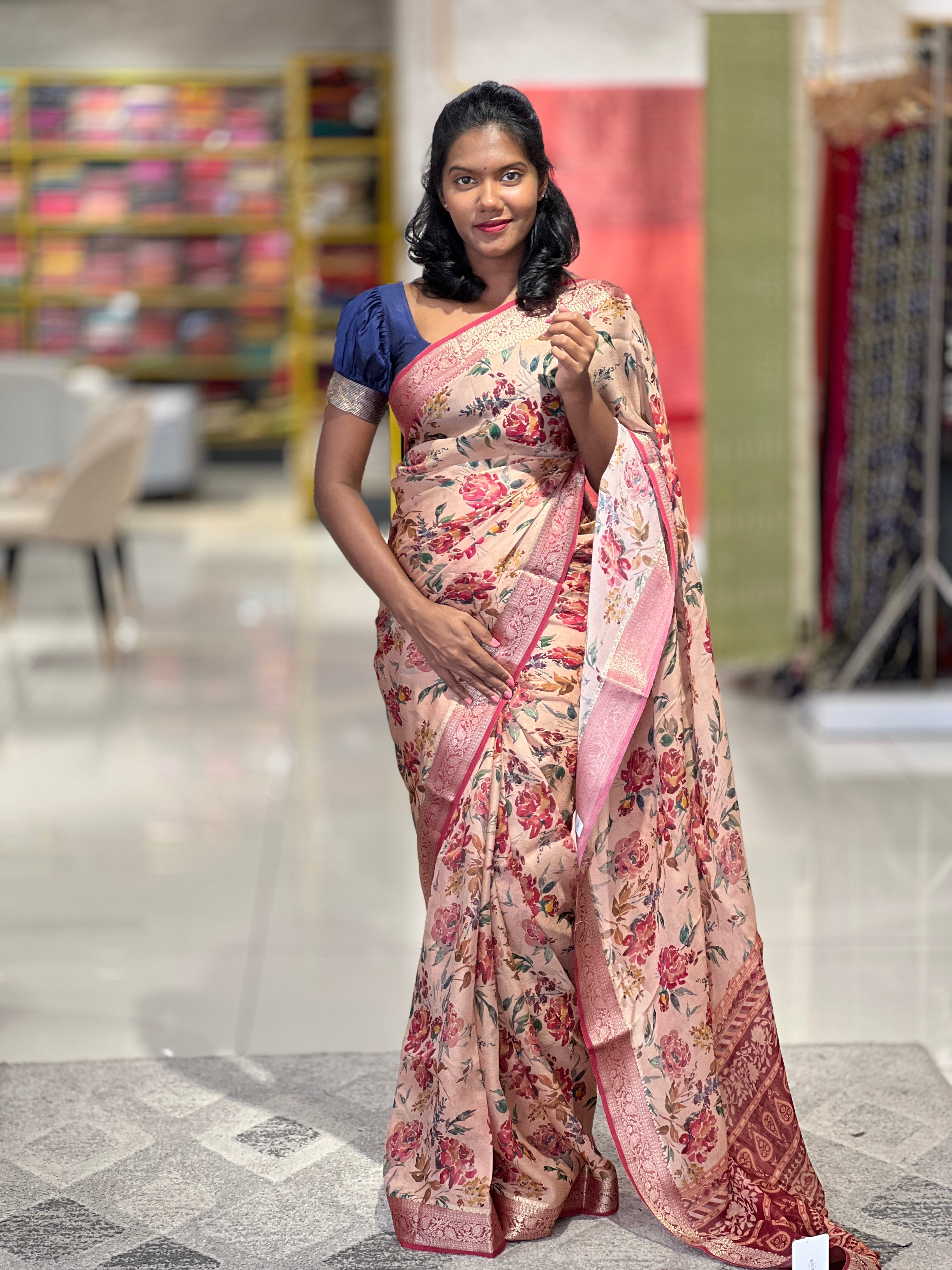 Floral Printed Jute Organza Saree | SSN126