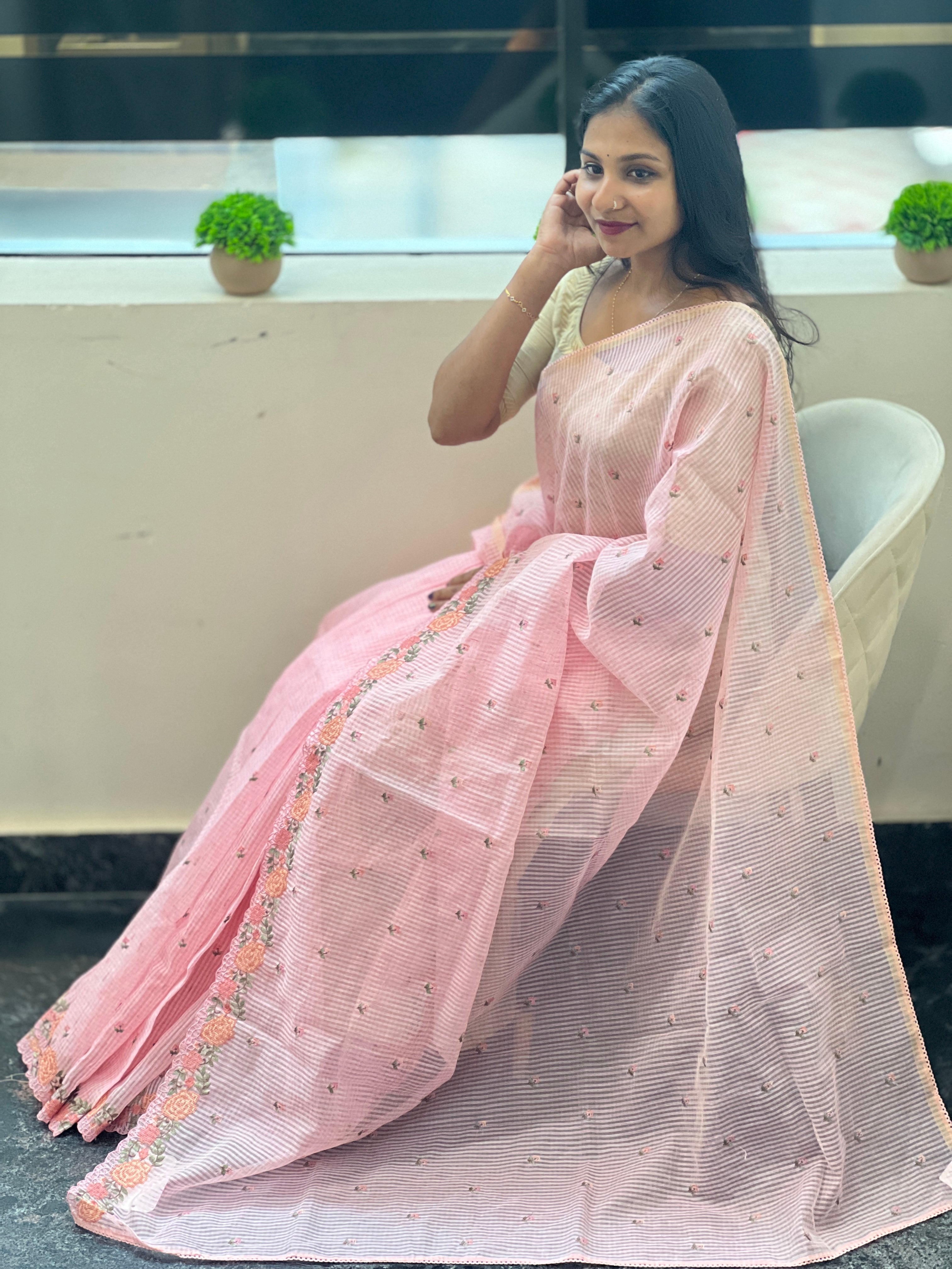 Embroidered Manipuri Check Organza Saree | RP733