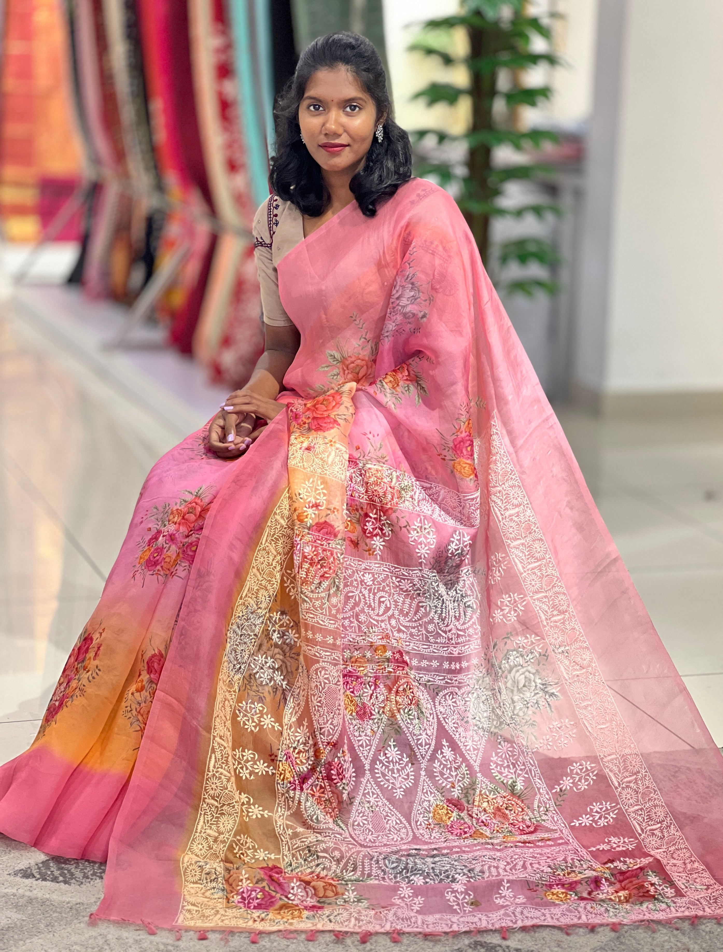 Floral Print Patterned Organza Saree | YNG133