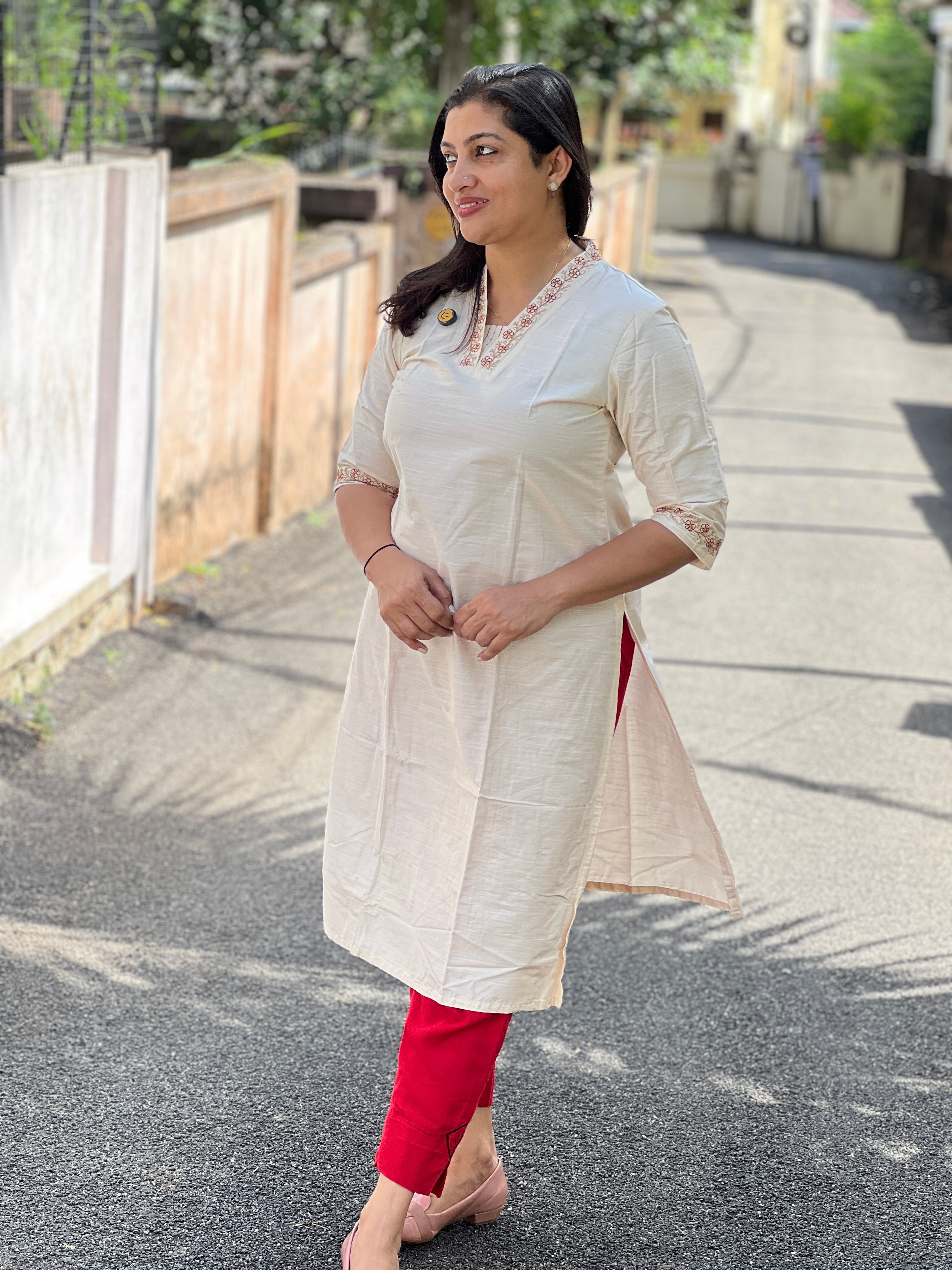 Floral Embroidery With Sequence Detailed Cotton Kurta | TAL134