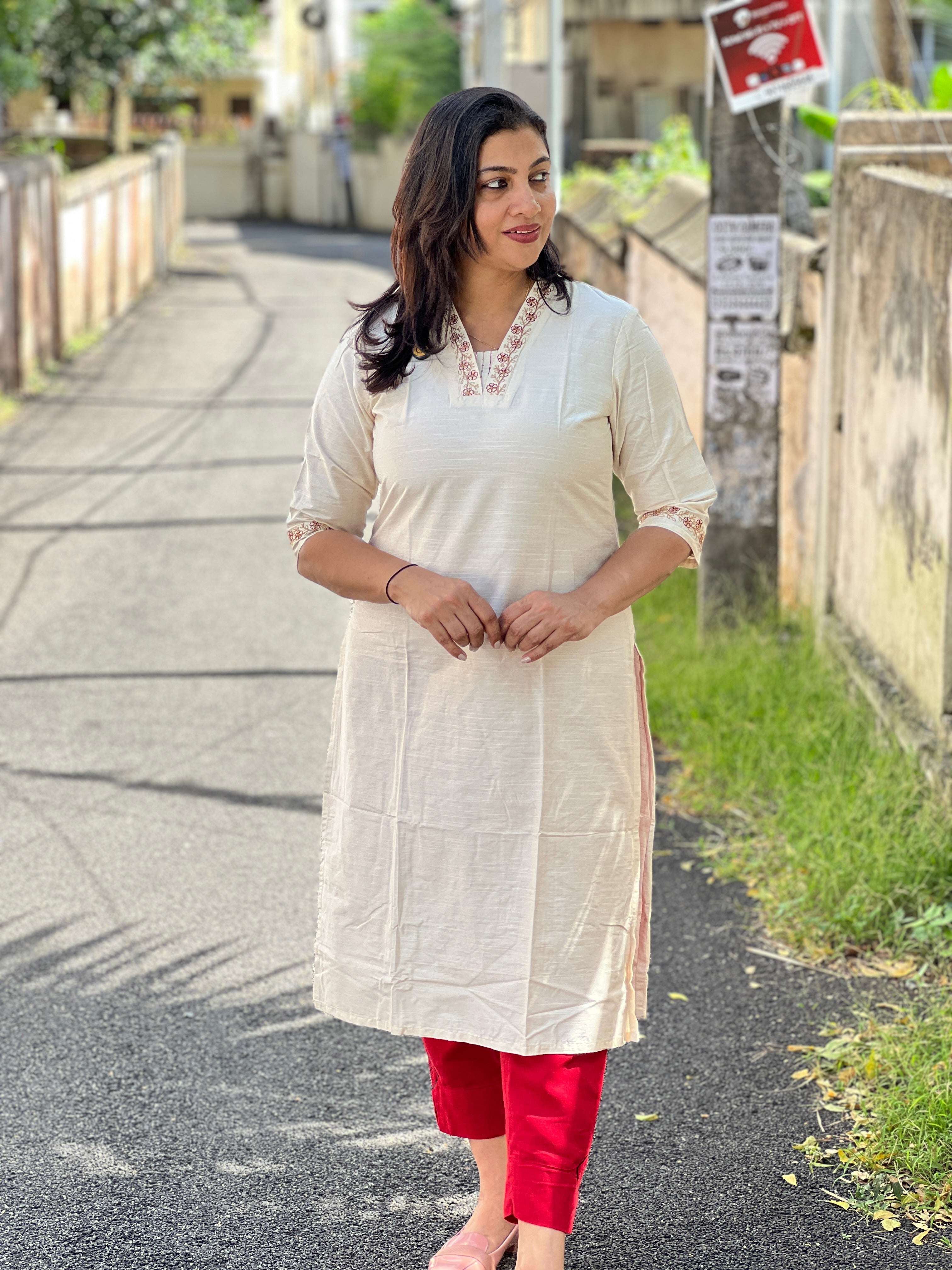 Floral Embroidery With Sequence Detailed Cotton Kurta | TAL134