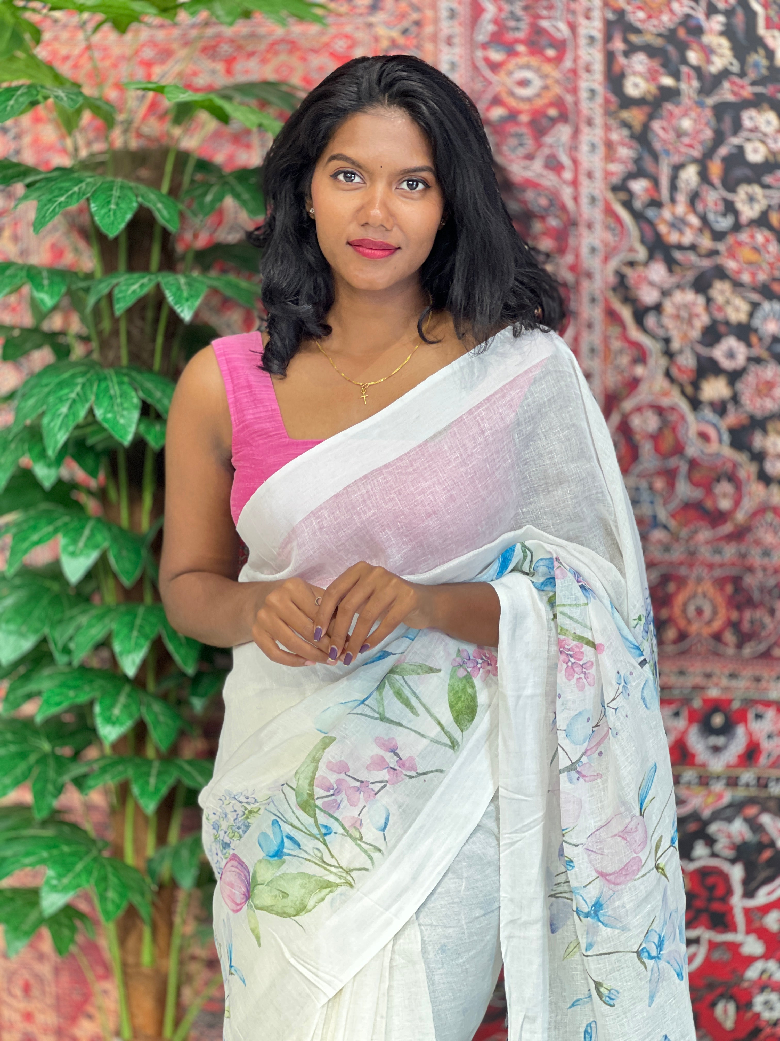 Floral Digital Print Detailed Linen Saree | MR401