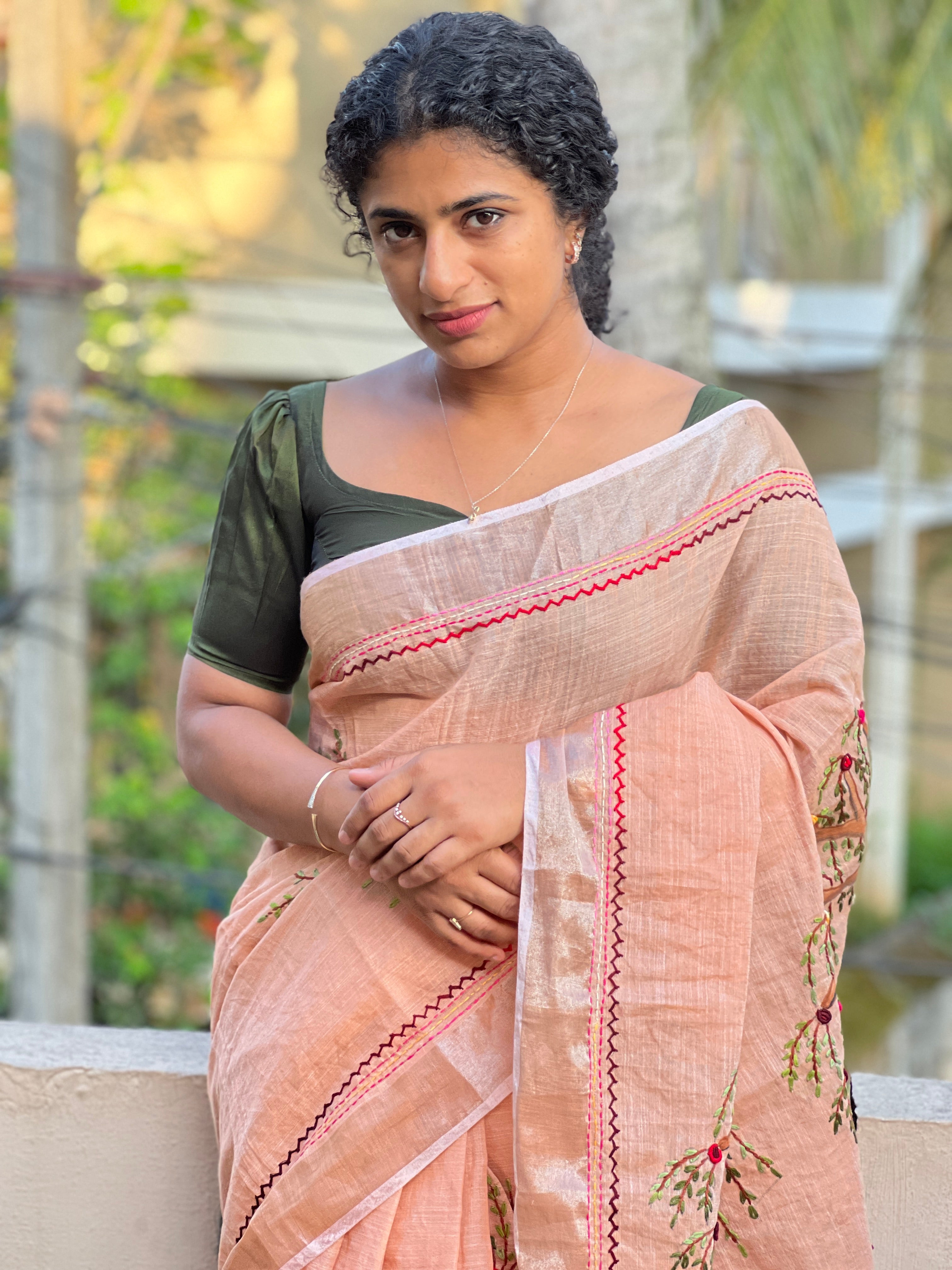 Painted & Hand Embroidery Bagalpuri Linen Saree | RP389