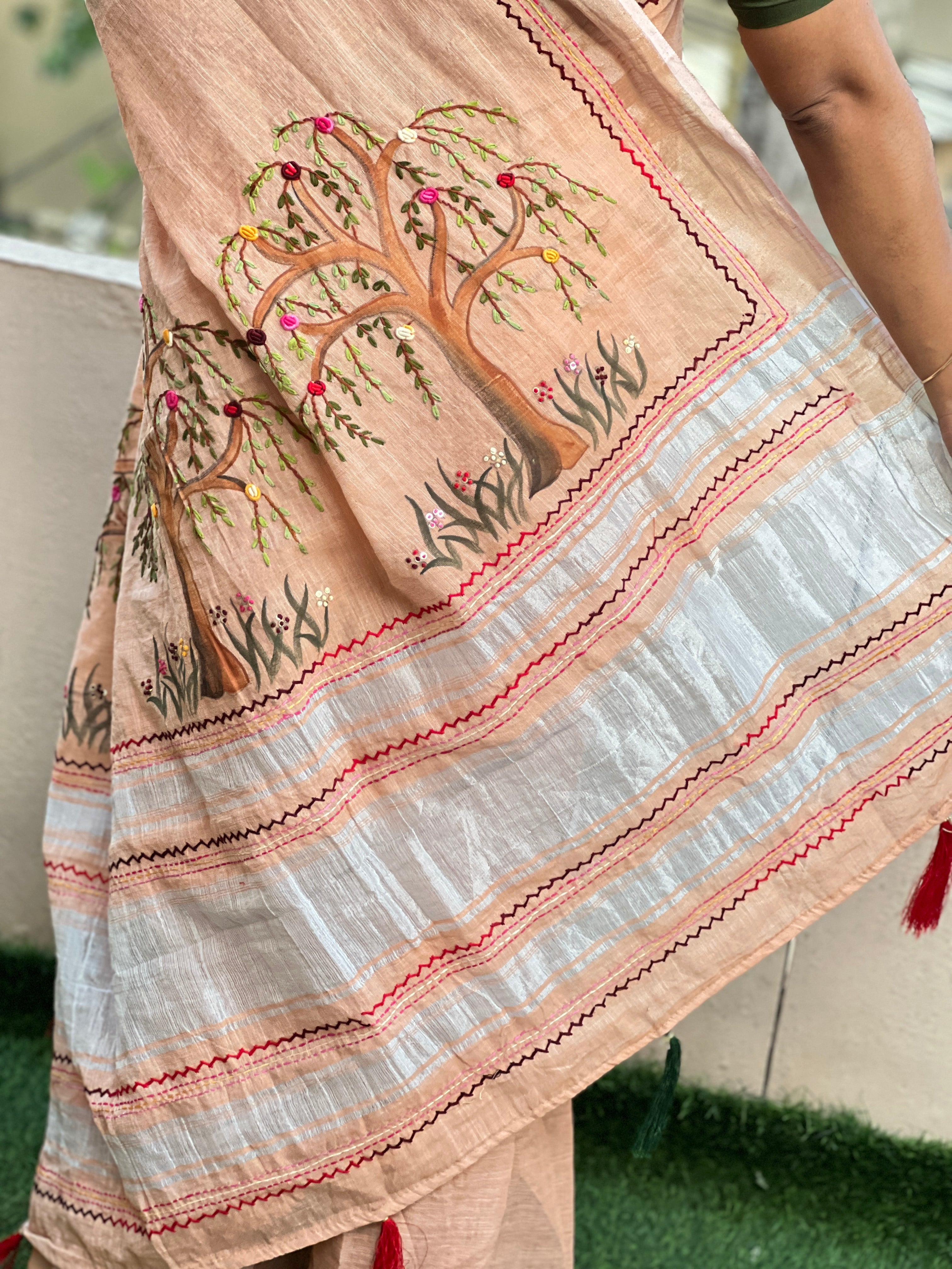 Painted & Hand Embroidery Bagalpuri Linen Saree | RP389