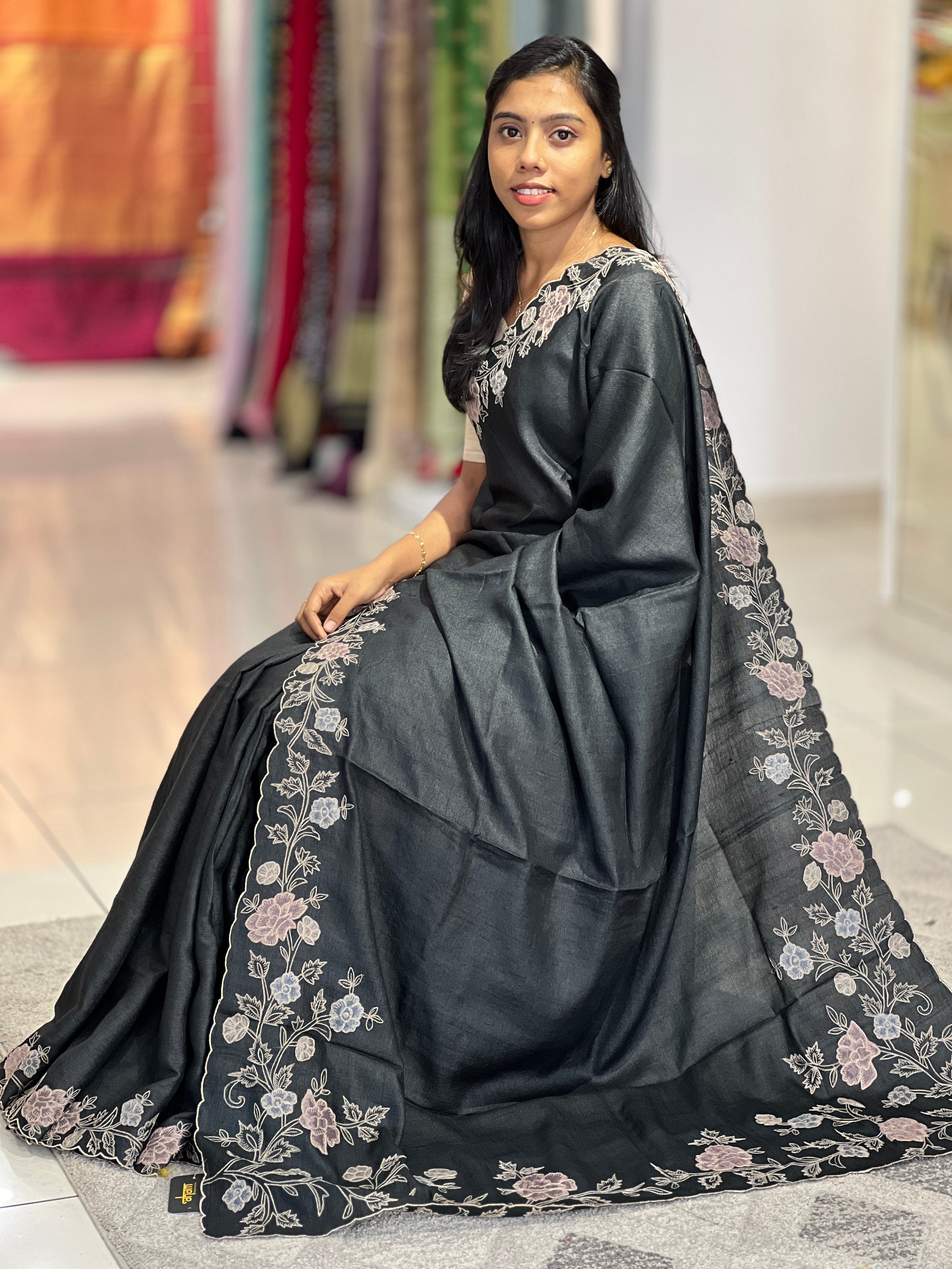 Floral Applique Work Detailed Desi Tussar Saree | RGD601