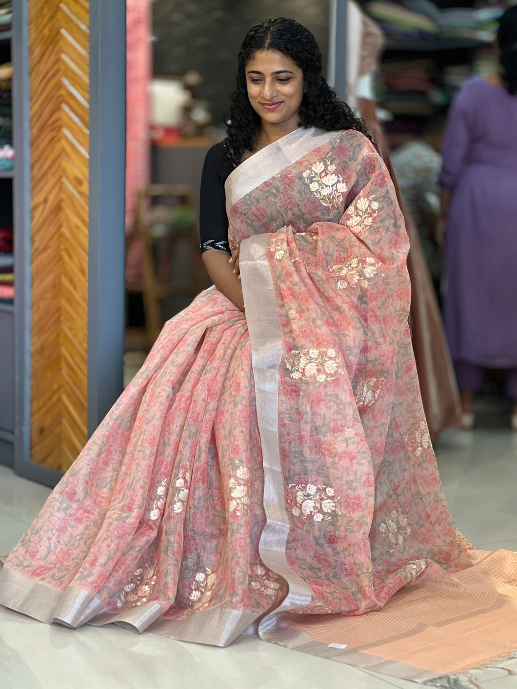 Floral Embroidered Linen Finish Saree | JBE104
