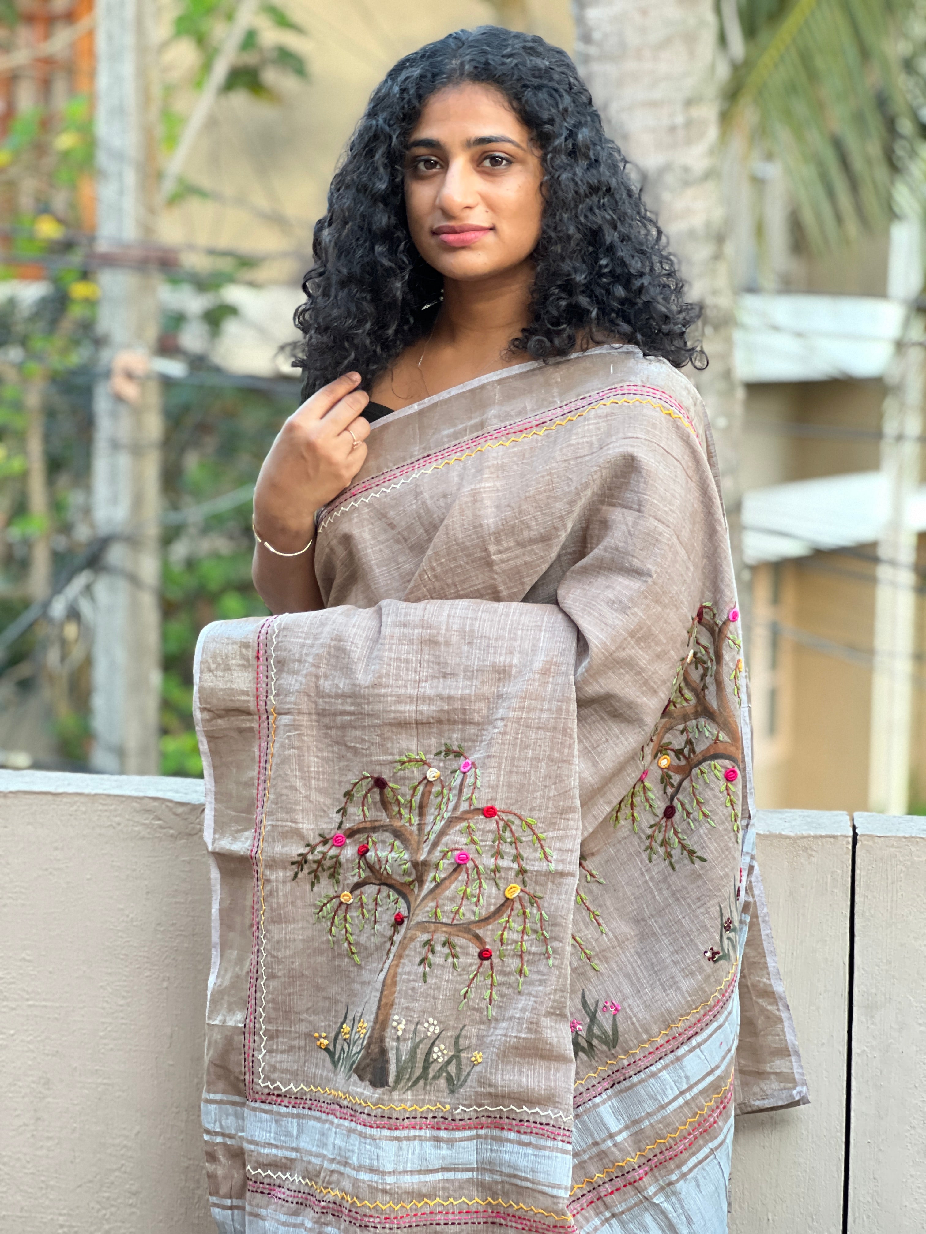 Painted & Hand Embroidery Bagalpuri Linen Saree | RP391