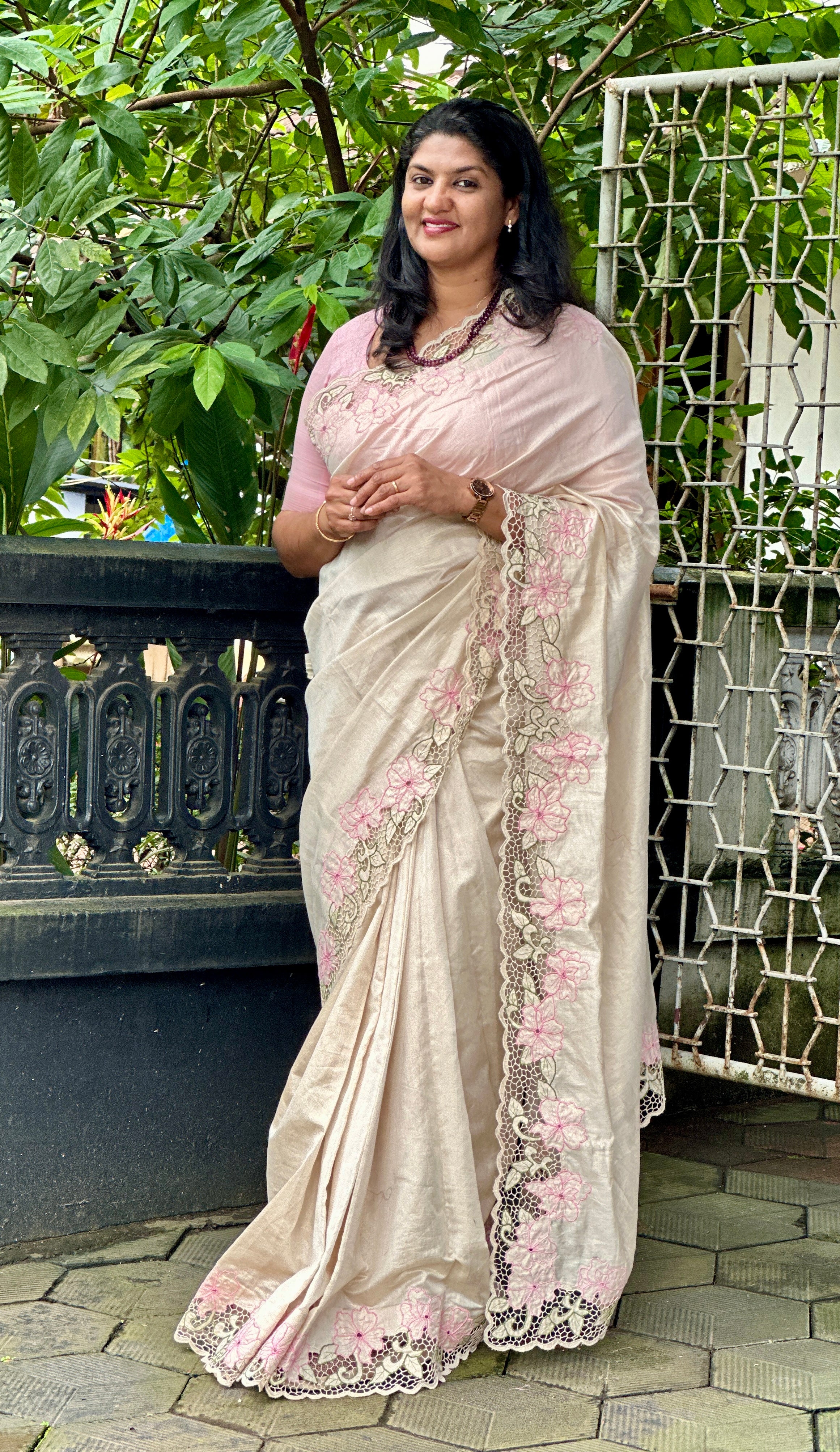 Twine Cut Work With Floral Embroidery Detailed Tissue Chanderi Saree | TC377