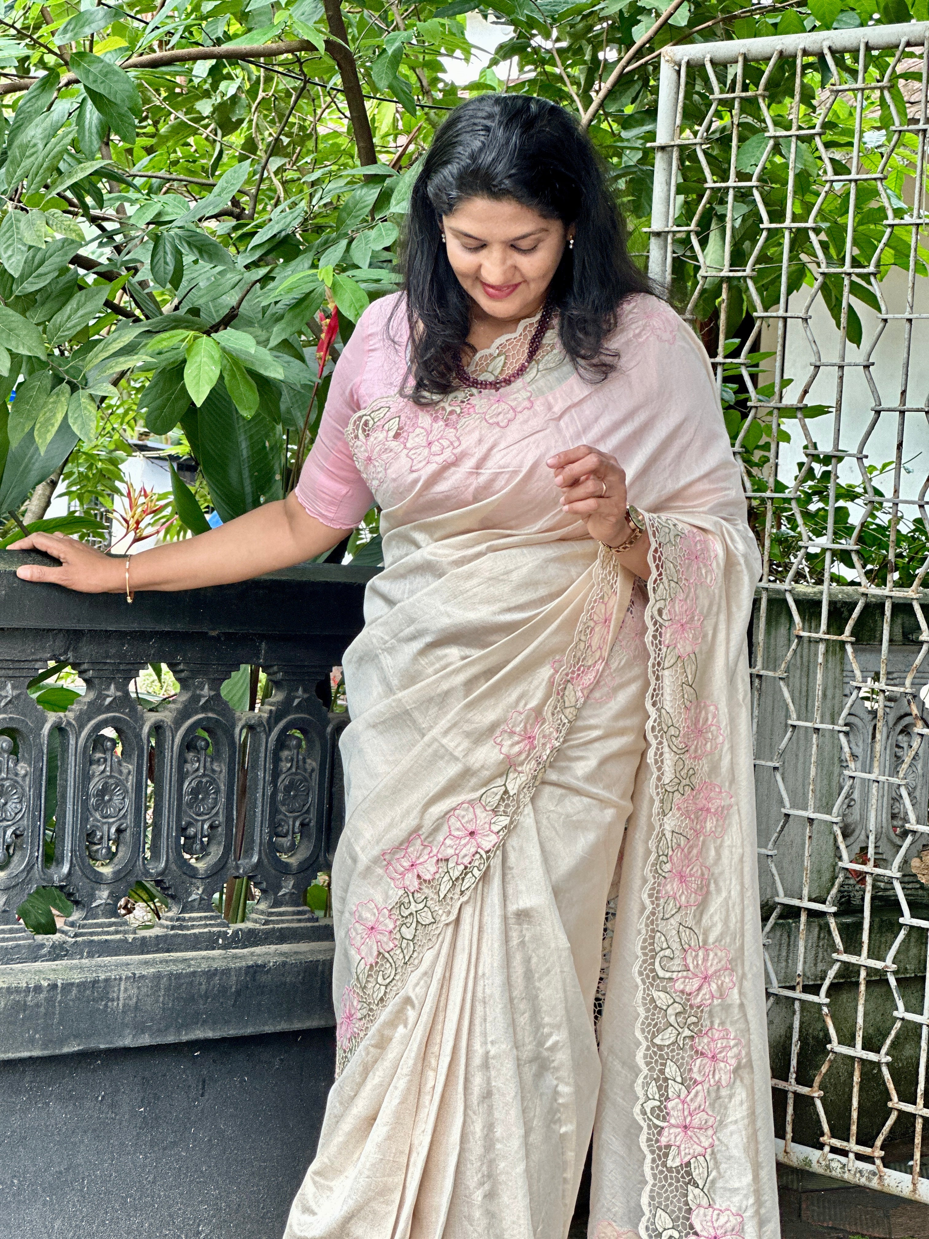Twine Cut Work With Floral Embroidery Detailed Tissue Chanderi Saree | TC377