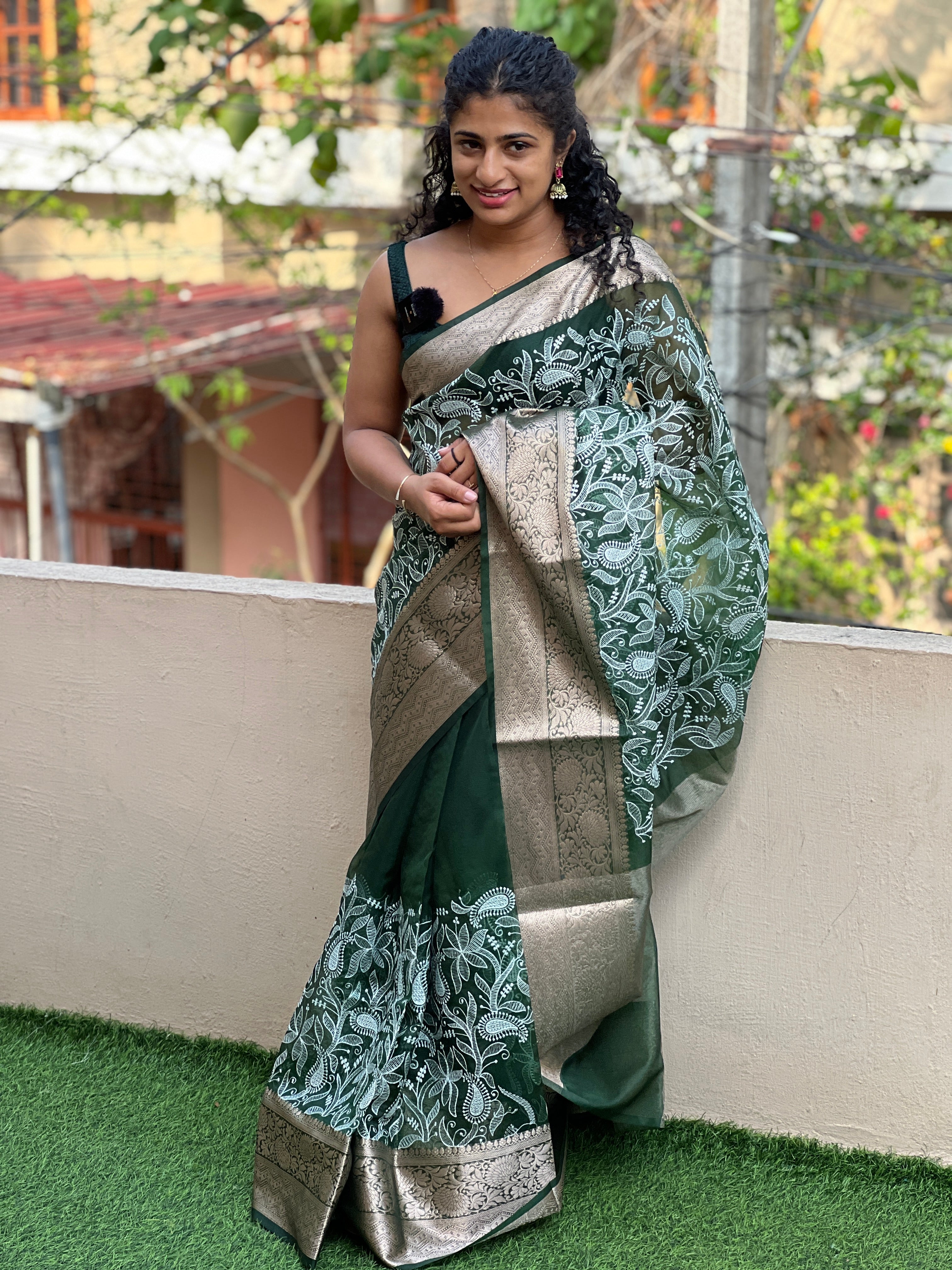 Dark Green Color Semi Organza Saree | AL151