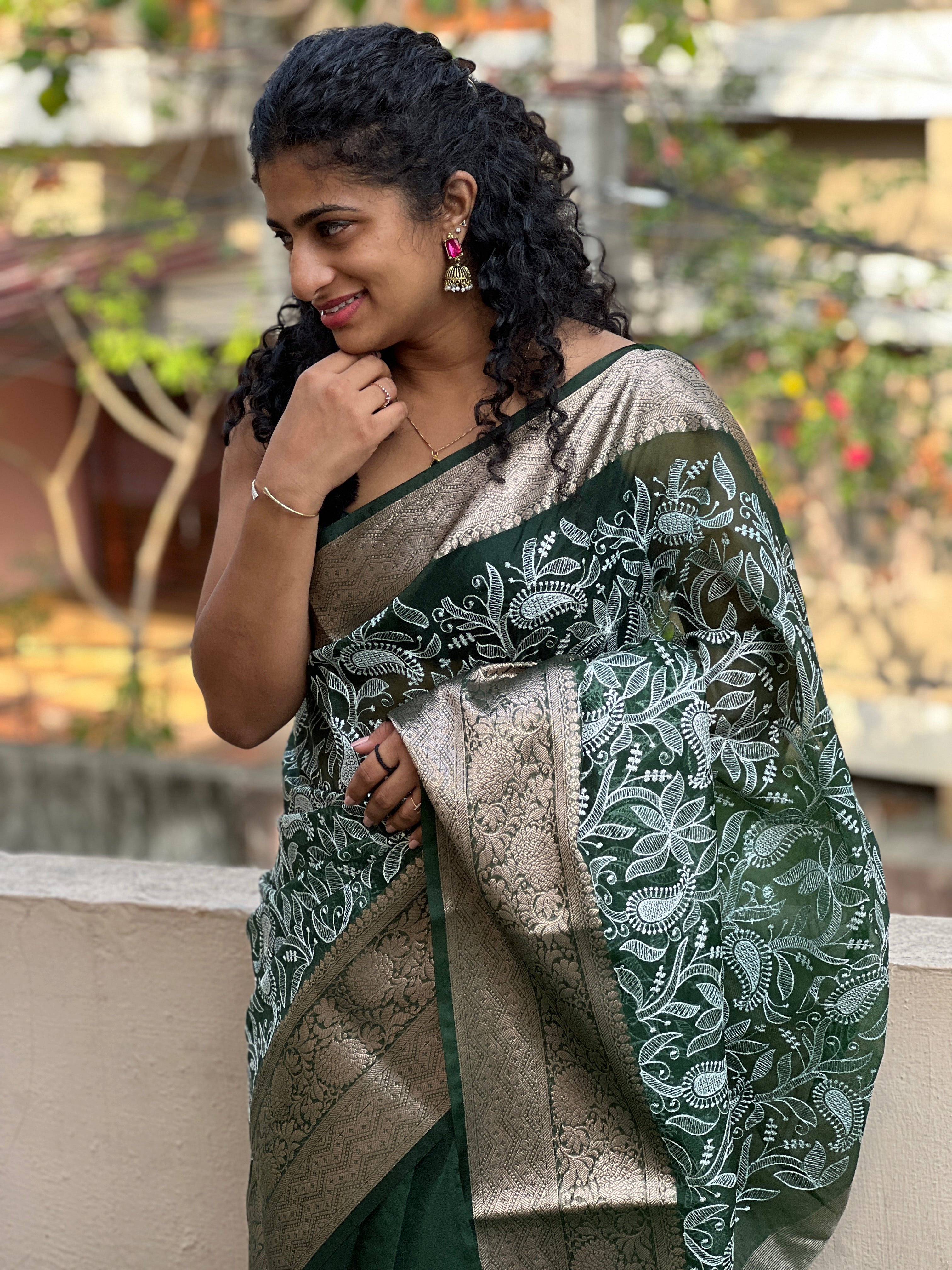 Dark Green Color Semi Organza Saree | AL151