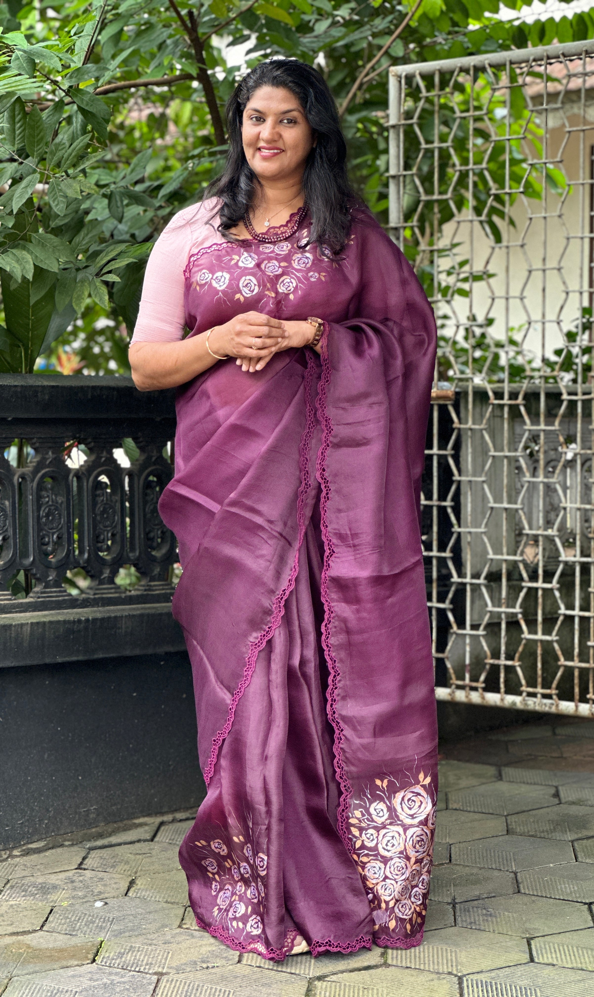 Twine Cut Work With Floral Hand Paint Detailed Silk Organza Saree | TC381