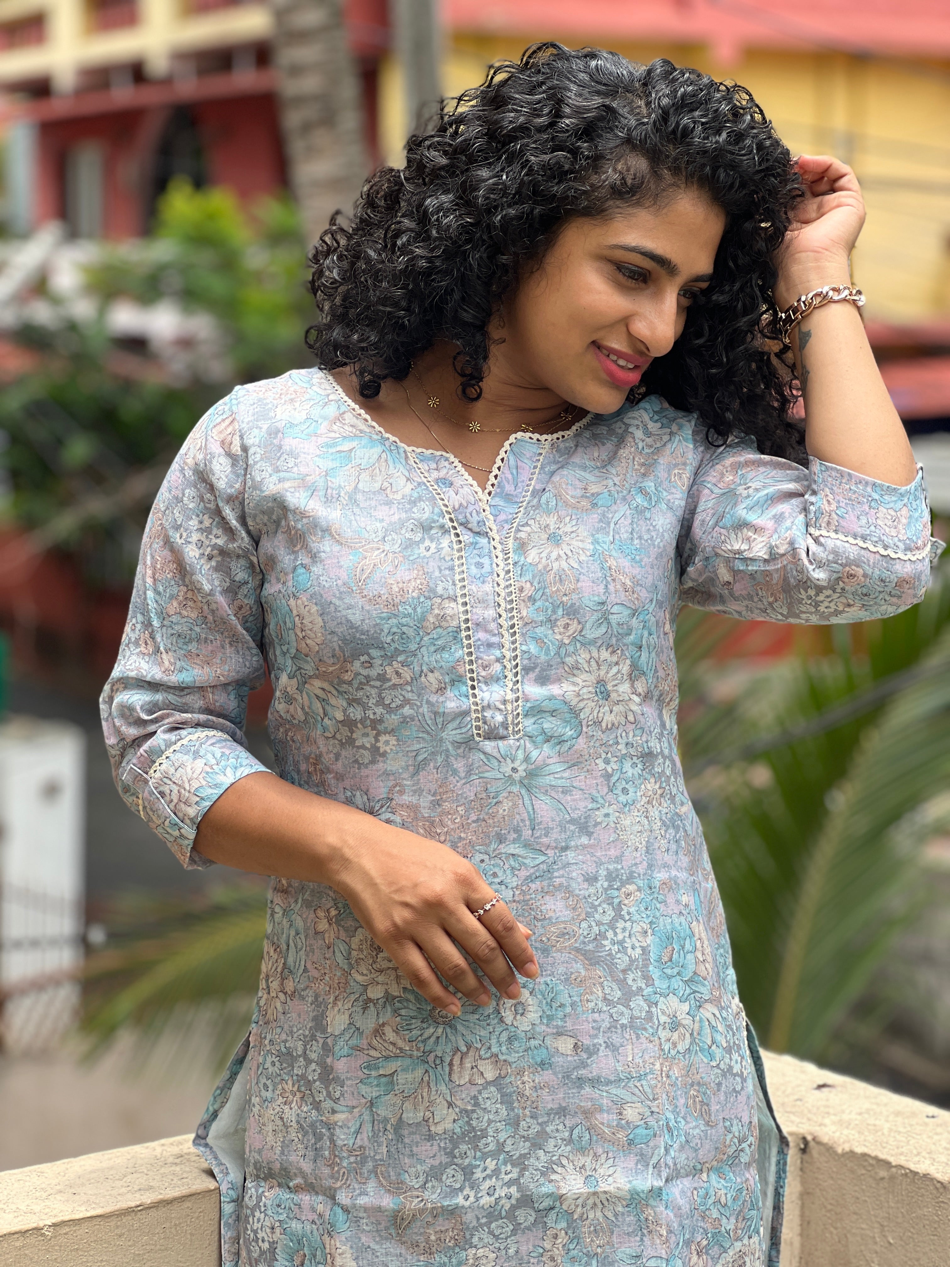 Floral Printed Slub Cotton Kurta | SV259