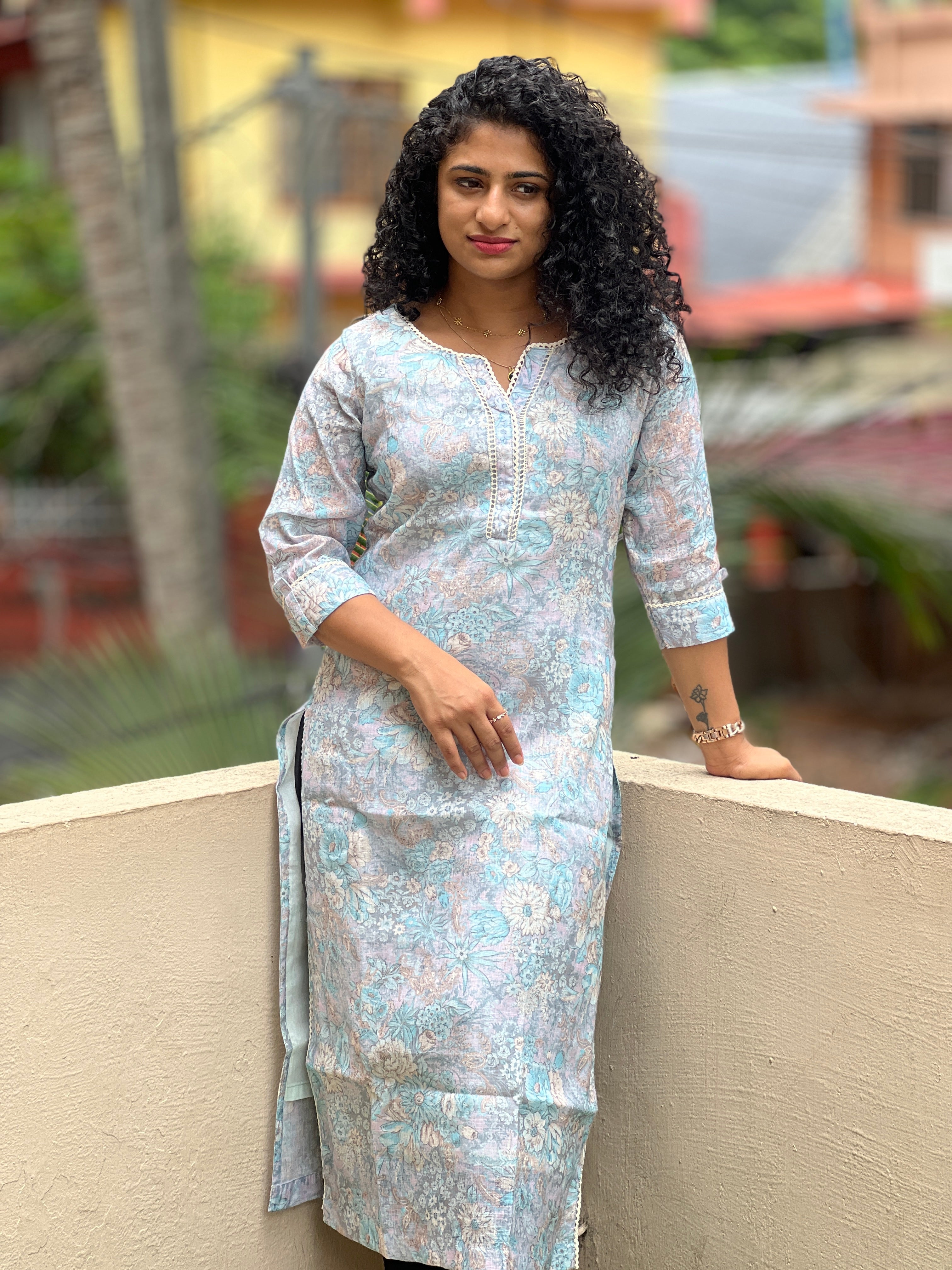 Floral Printed Slub Cotton Kurta | SV259