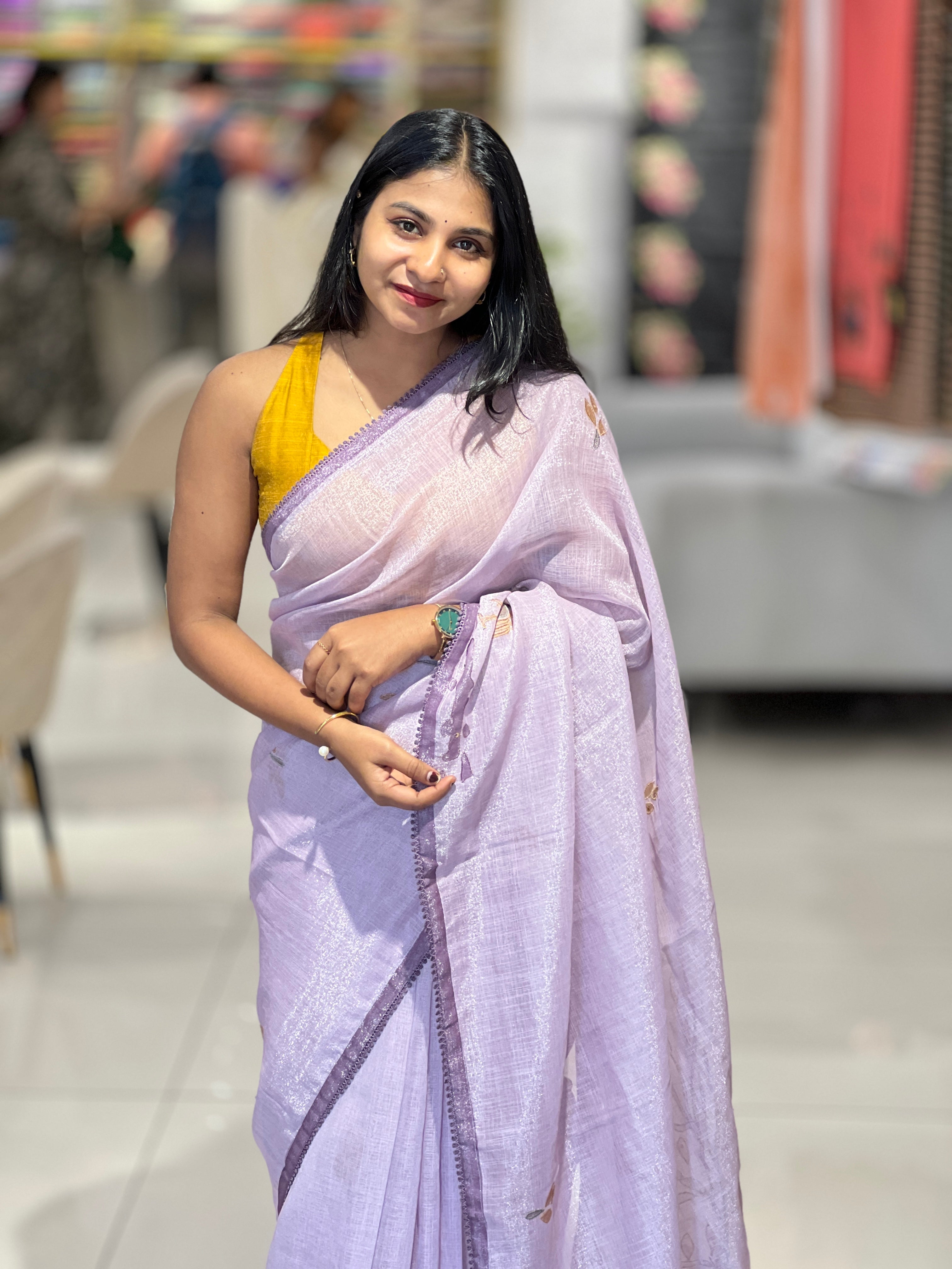 Print With Embroidery Highlighted Tissue-Linen Saree | SUN506