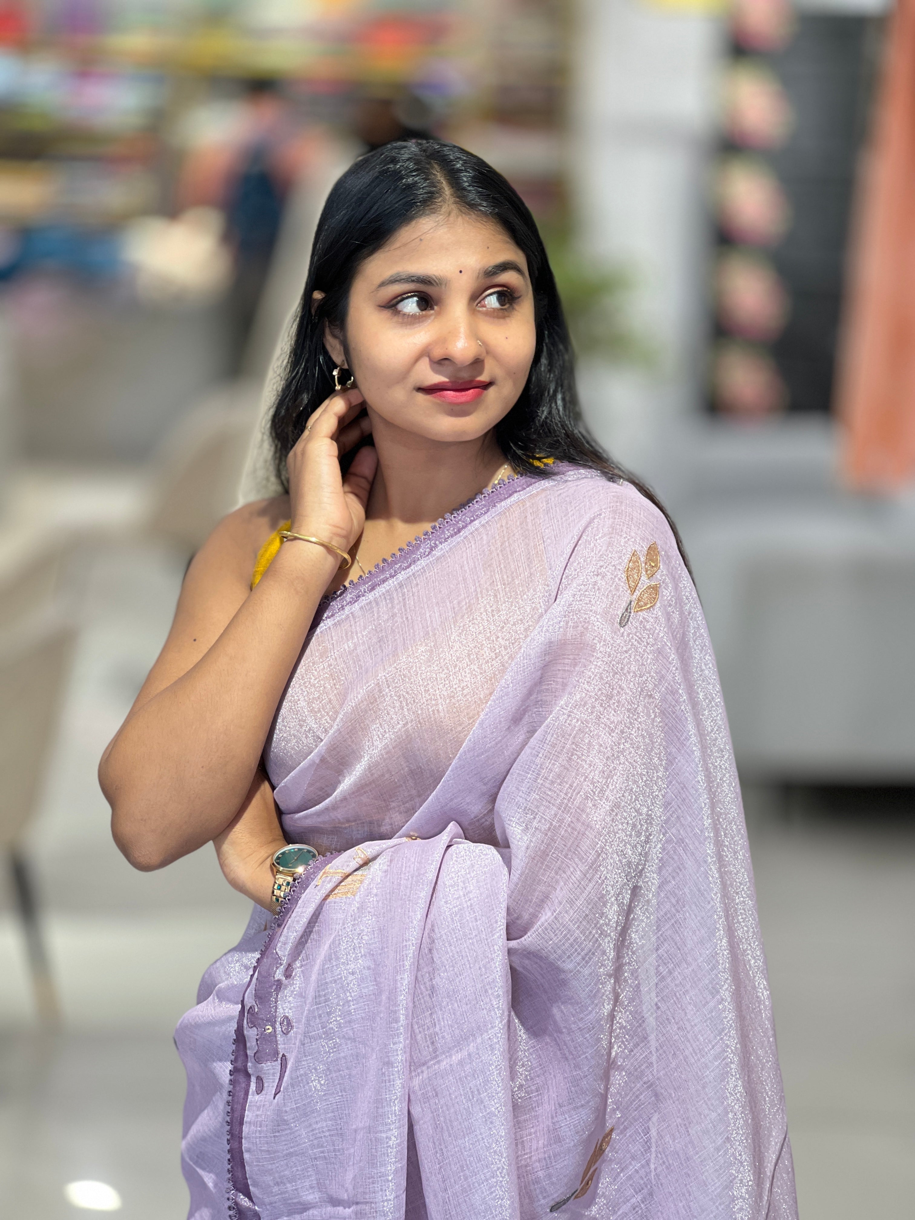 Print With Embroidery Highlighted Tissue-Linen Saree | SUN506