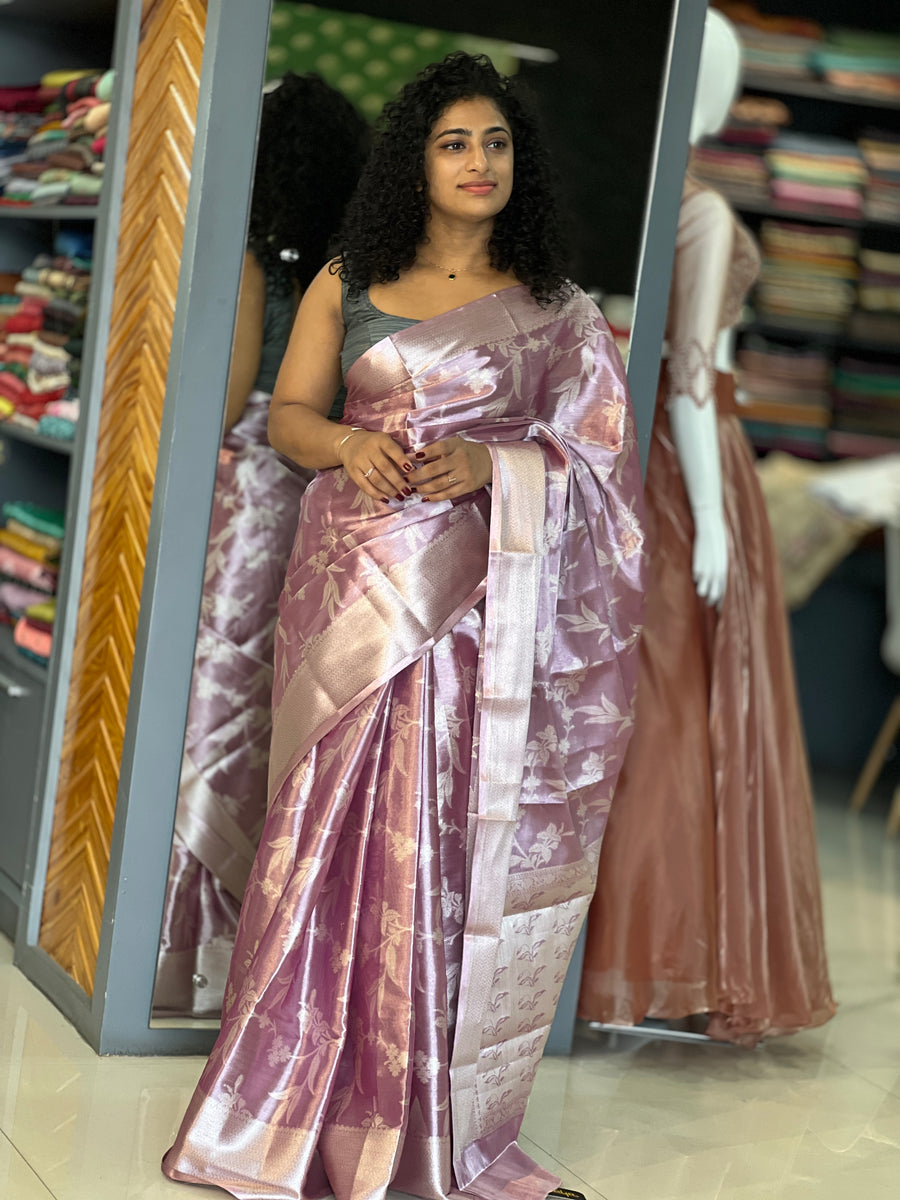 Silver Tissue Silk Saree with All-Over Zari Embellished Floral Work