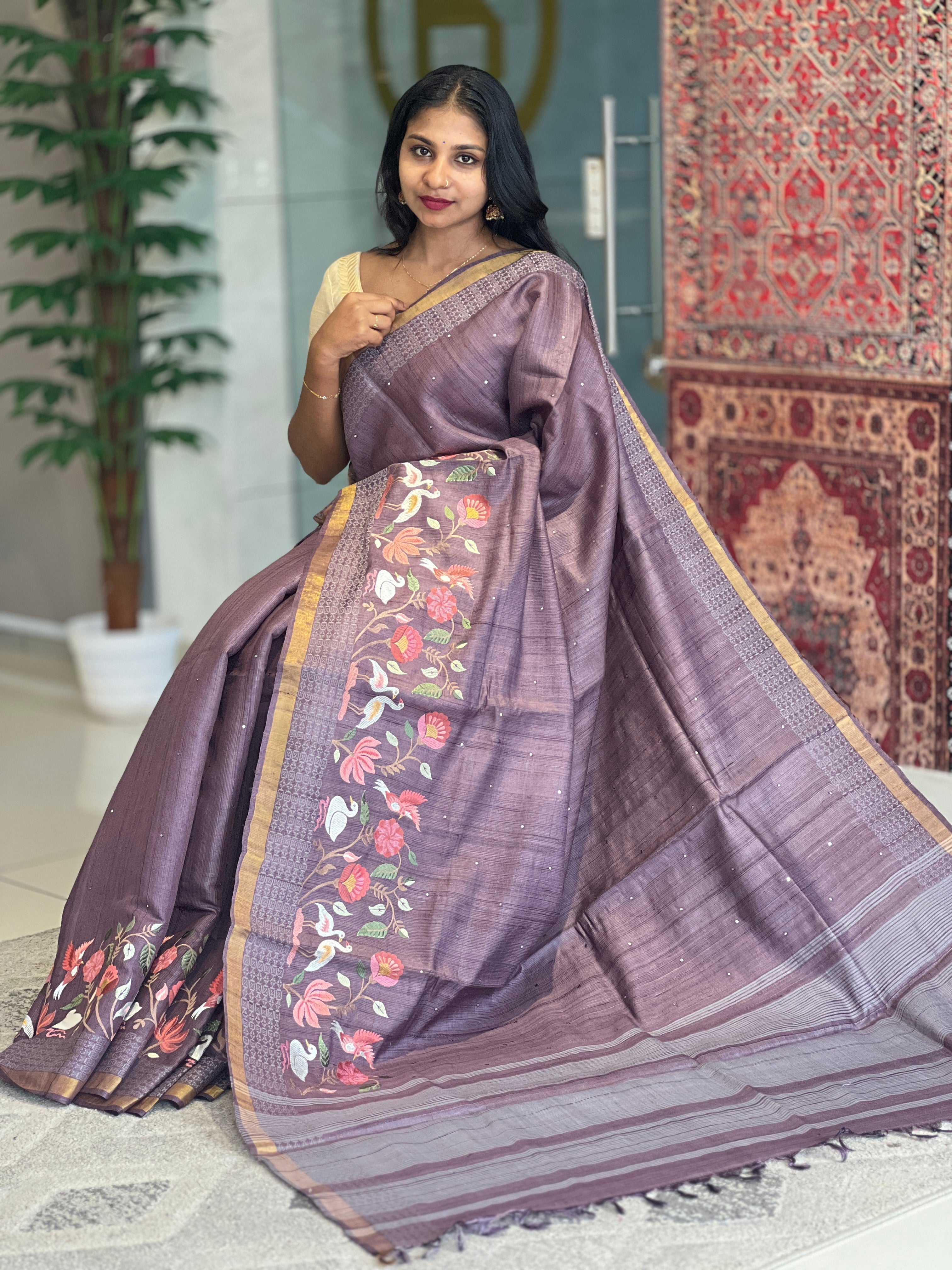 Floral Embroidery Border Detailed Desi Tussar Saree | RGD611