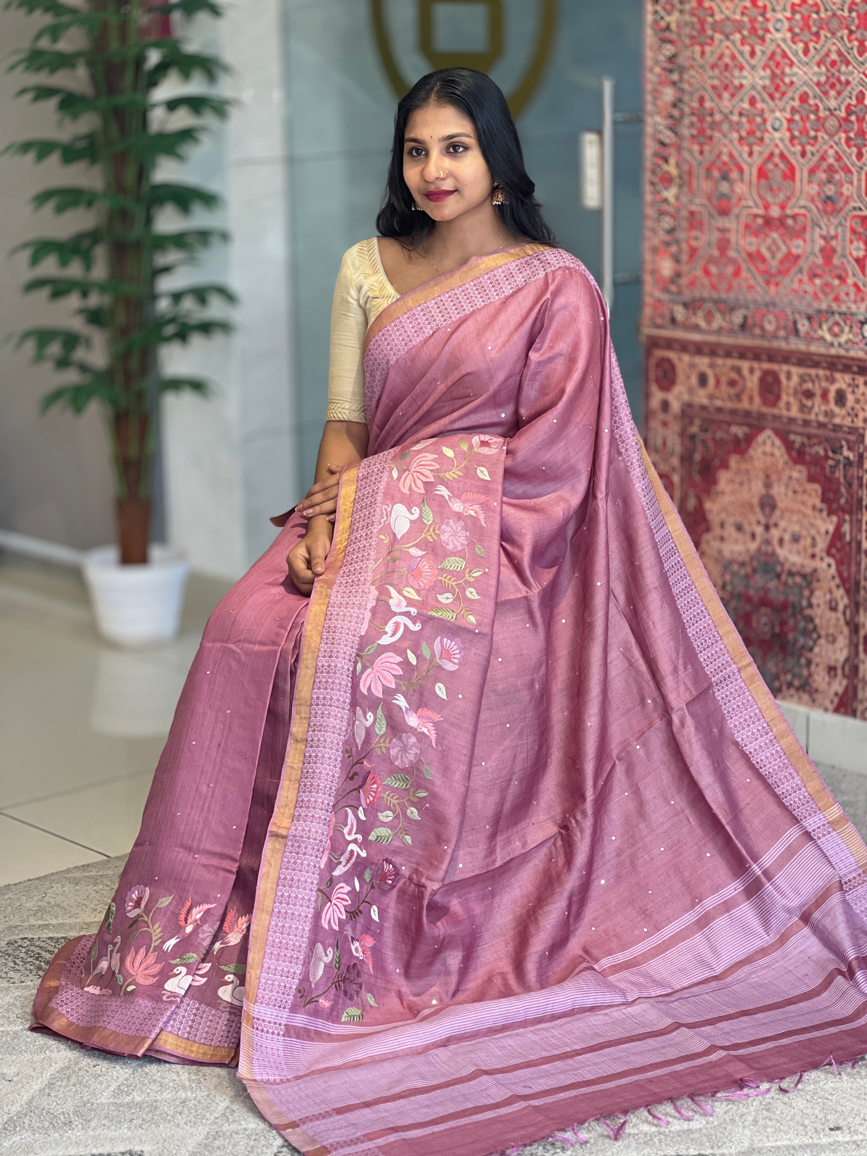 Floral Embroidery Border Detailed Desi Tussar Saree | RGD610