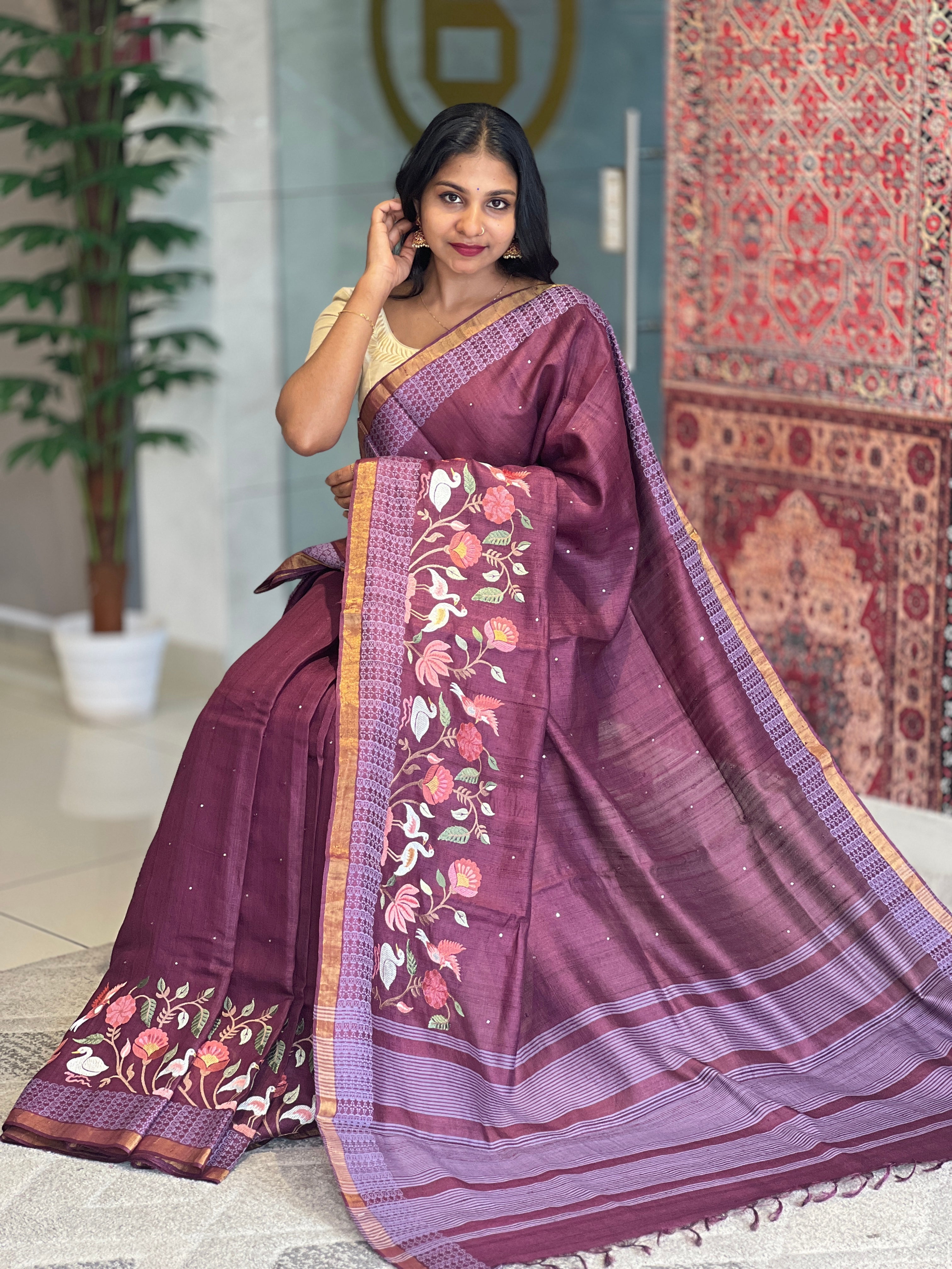 Floral Embroidery Border Detailed Desi Tussar Saree | RGD609