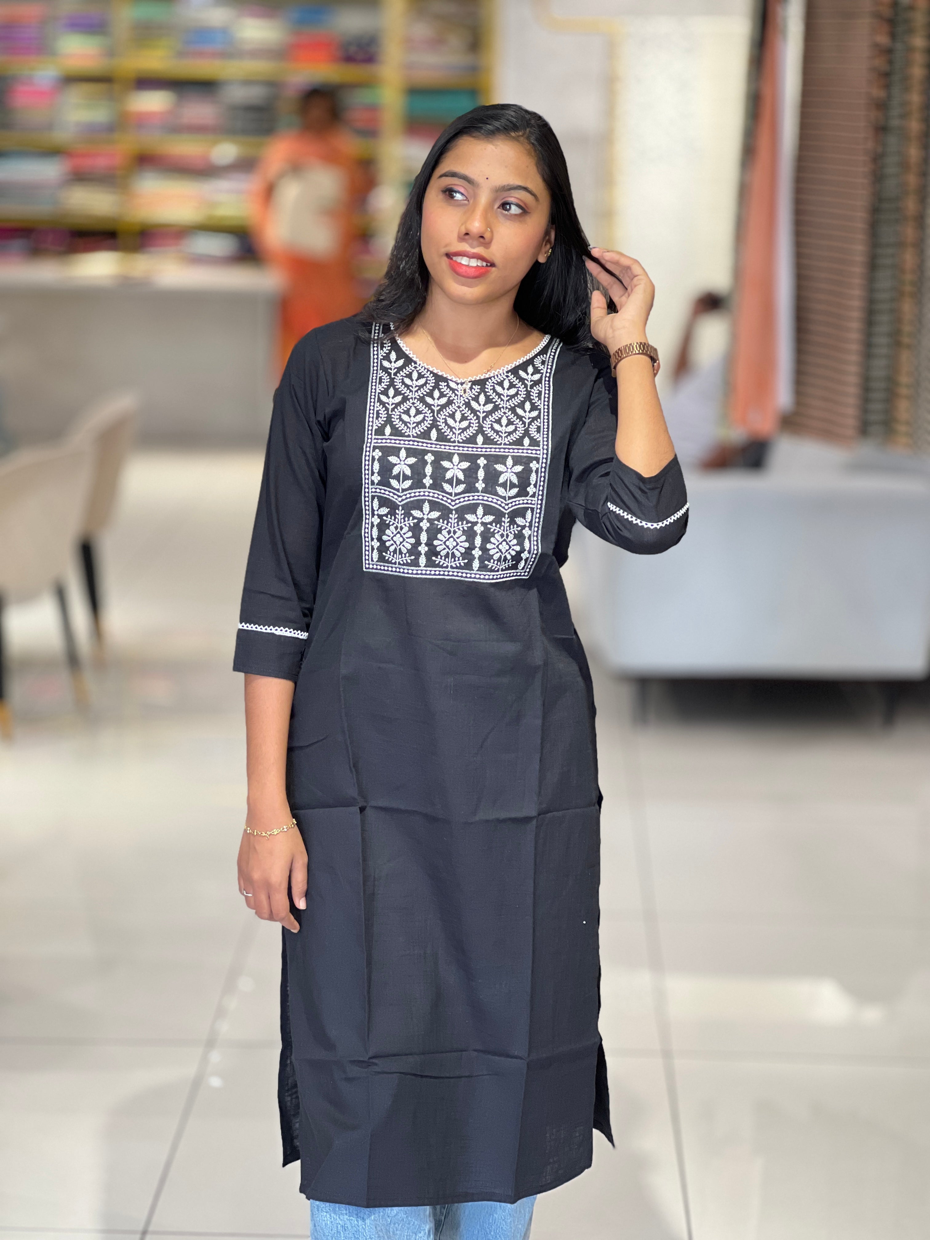 Machine Embroidery Detailed Cotton Kurta | PGI229