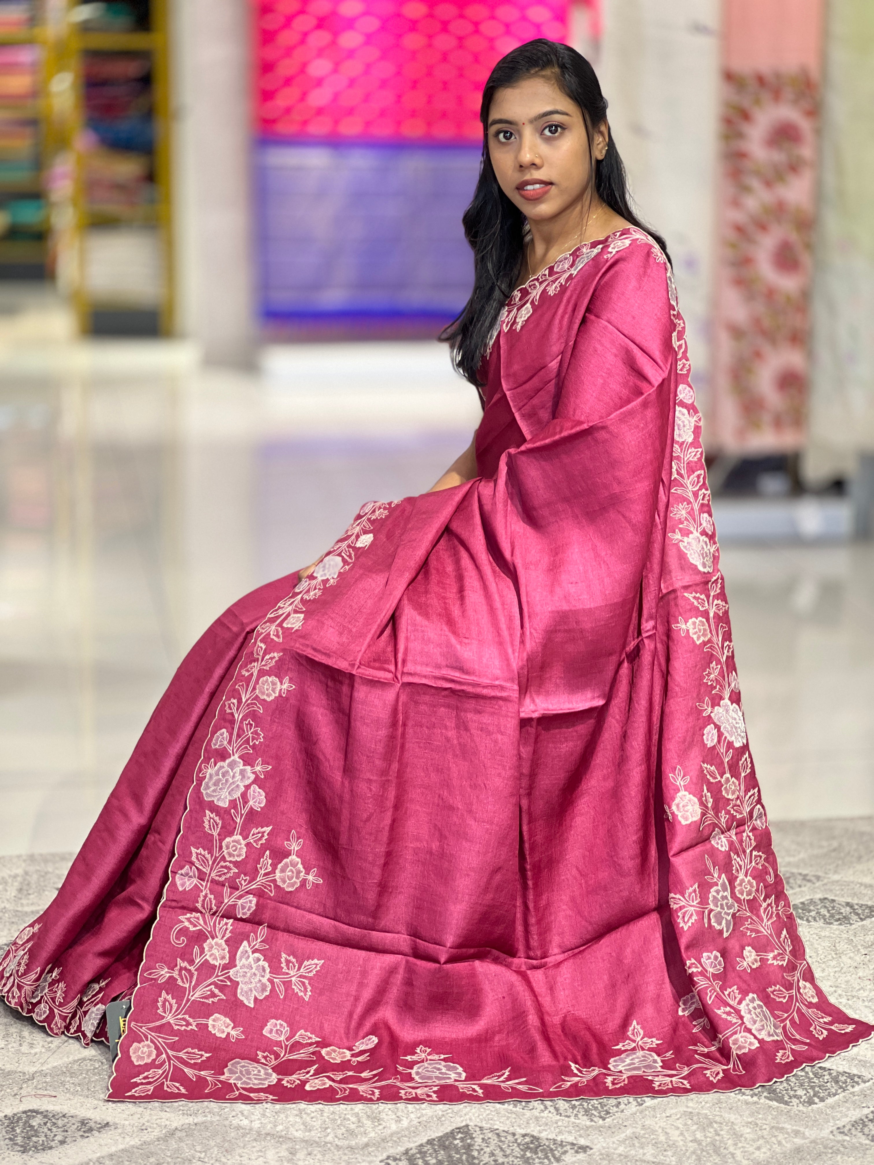 Floral Applique Work Detailed Desi Tussar Saree | RGD602