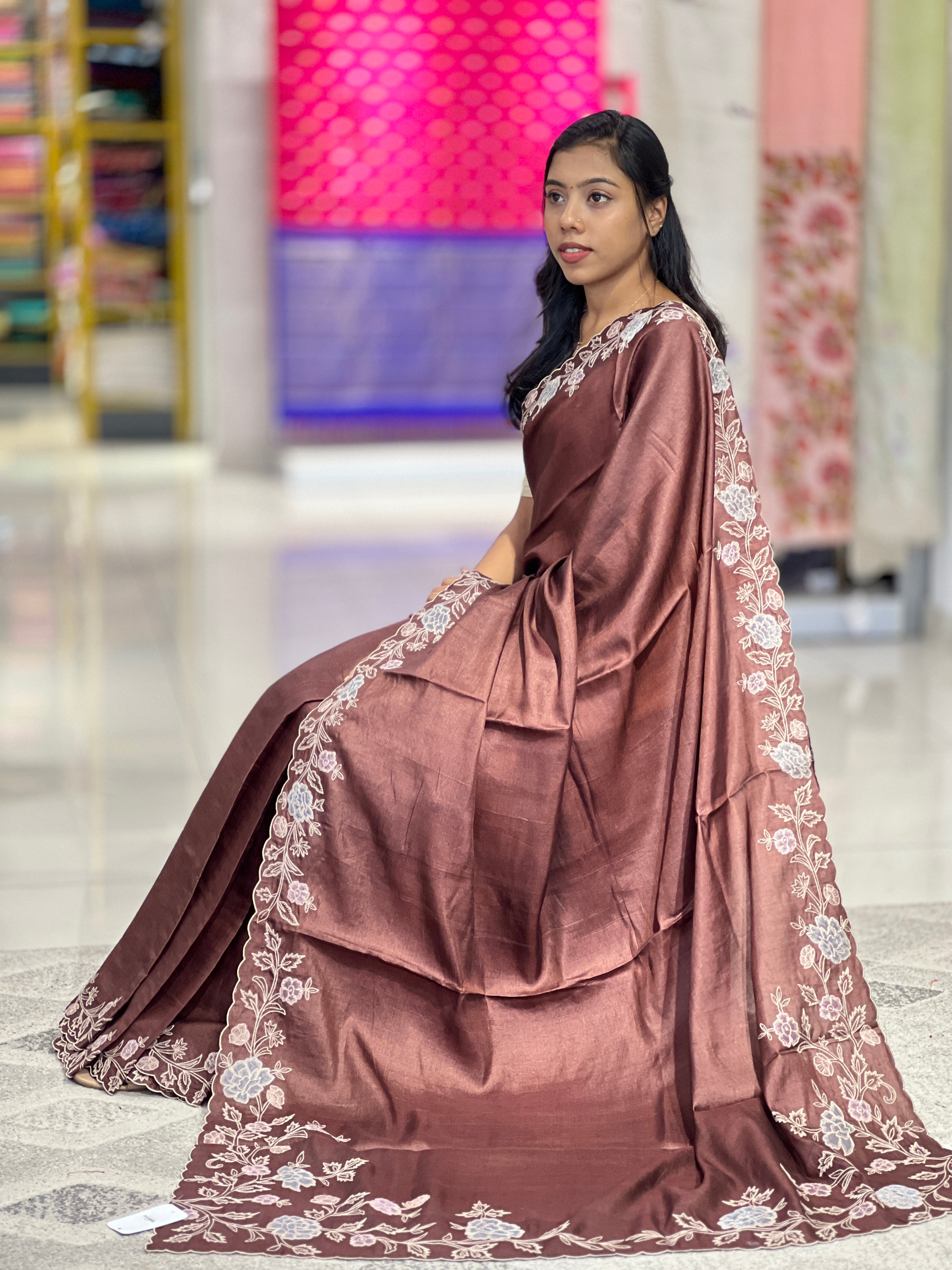 Floral Applique Work Detailed Desi Tussar Saree | RGD600