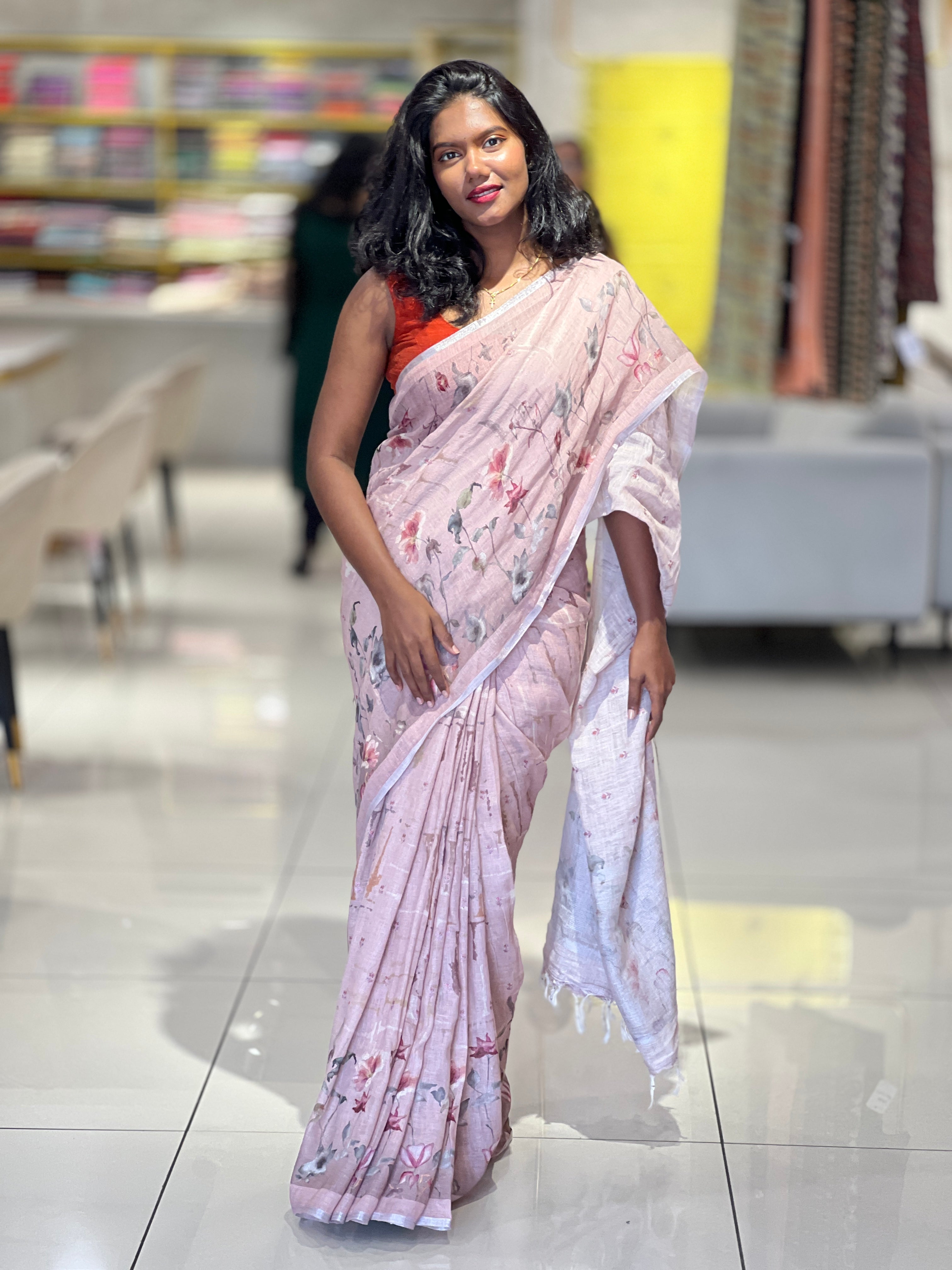 Floral Digital Print Detailed Linen Saree | SMC167