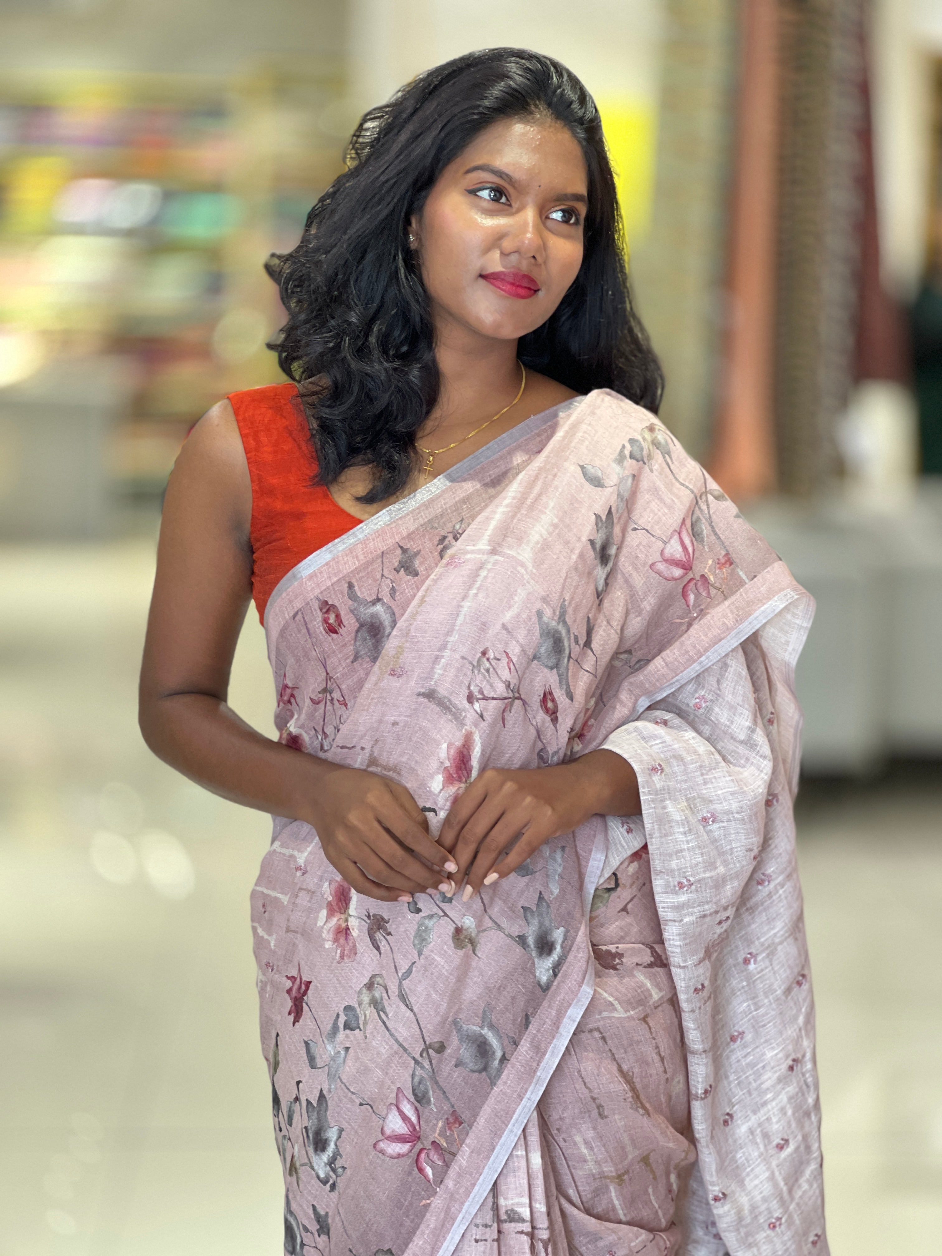Floral Digital Print Detailed Linen Saree | SMC167