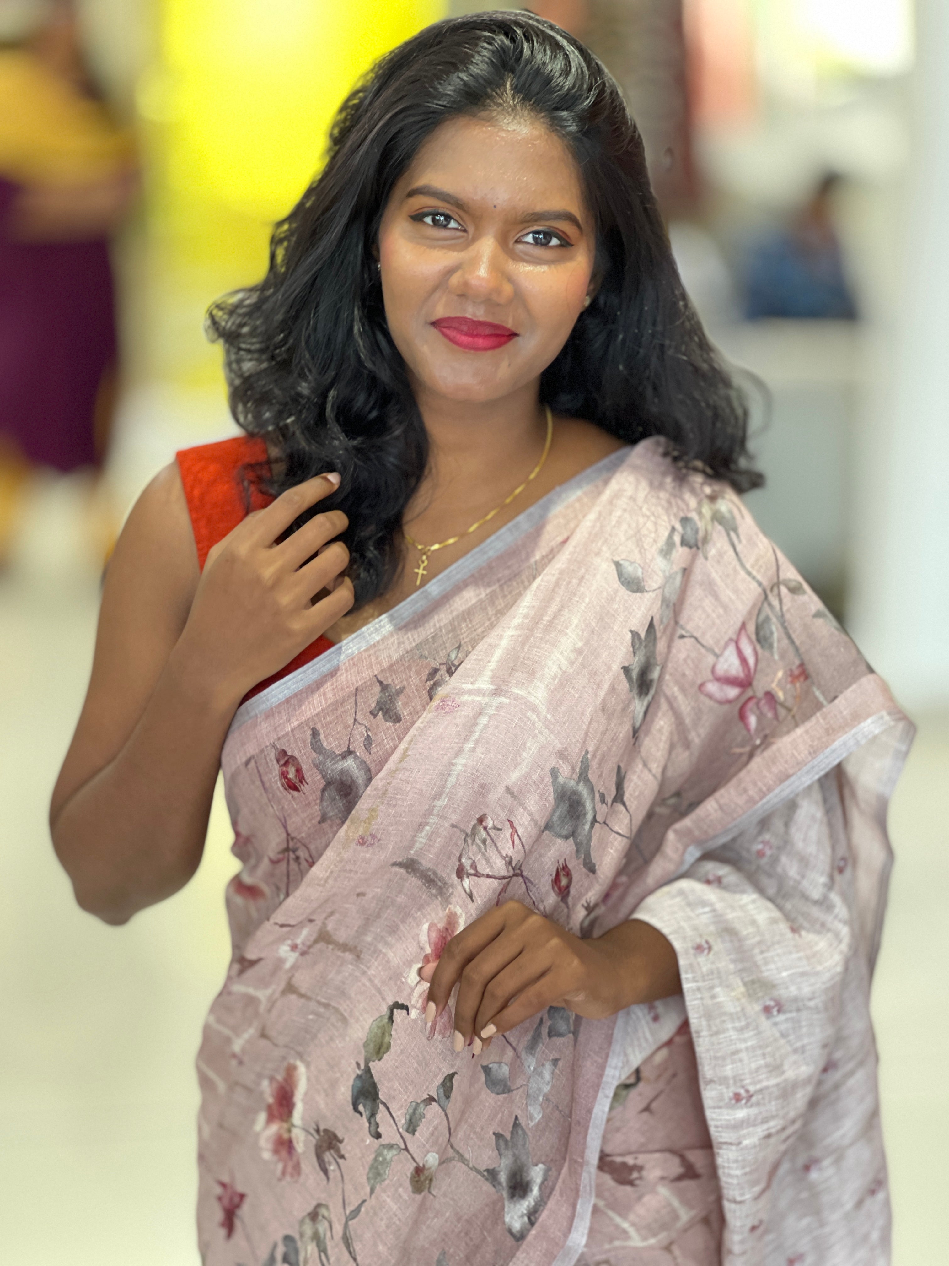 Floral Digital Print Detailed Linen Saree | SMC167