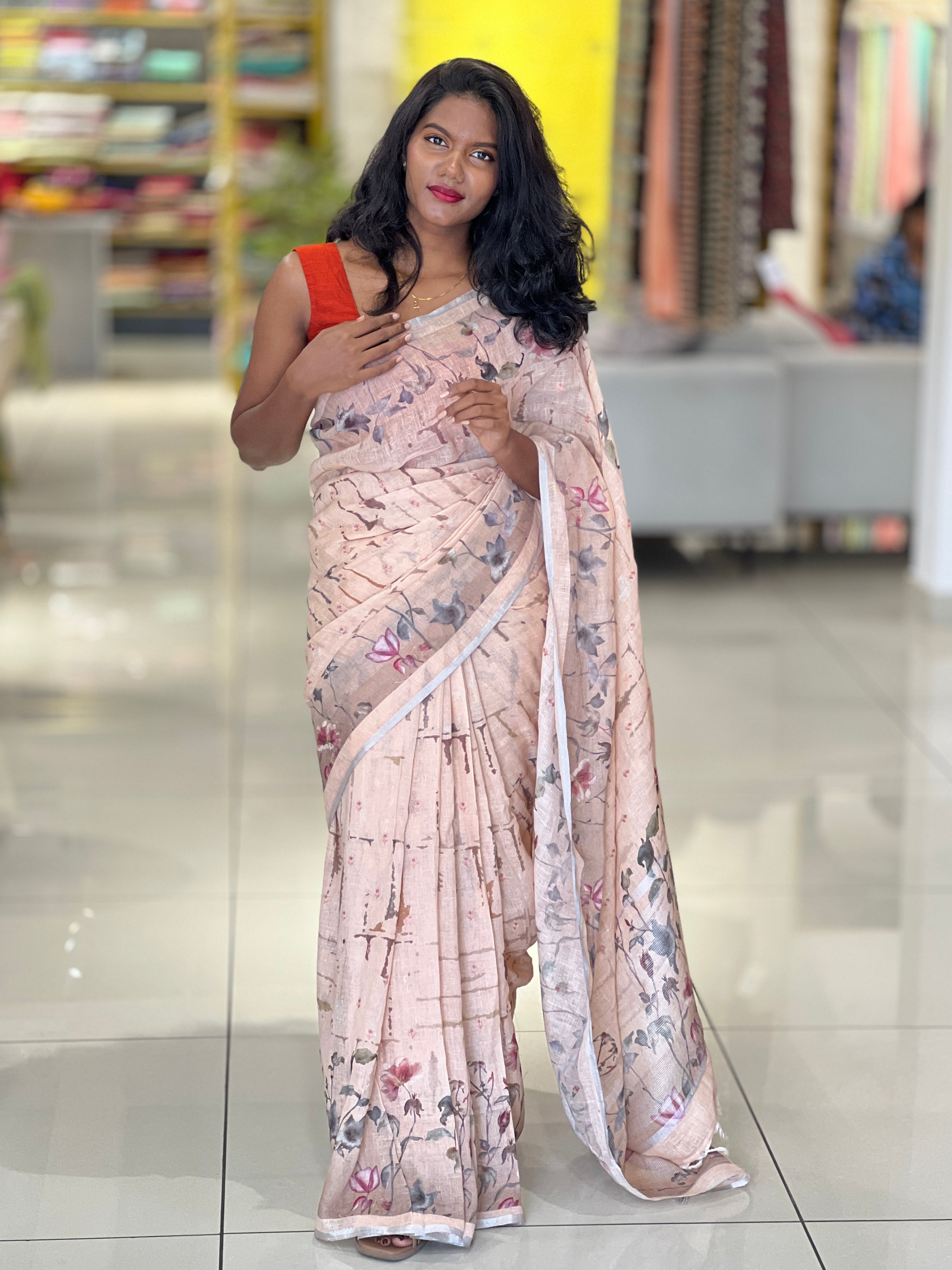 Floral Digital Print Detailed Linen Saree | SMC168