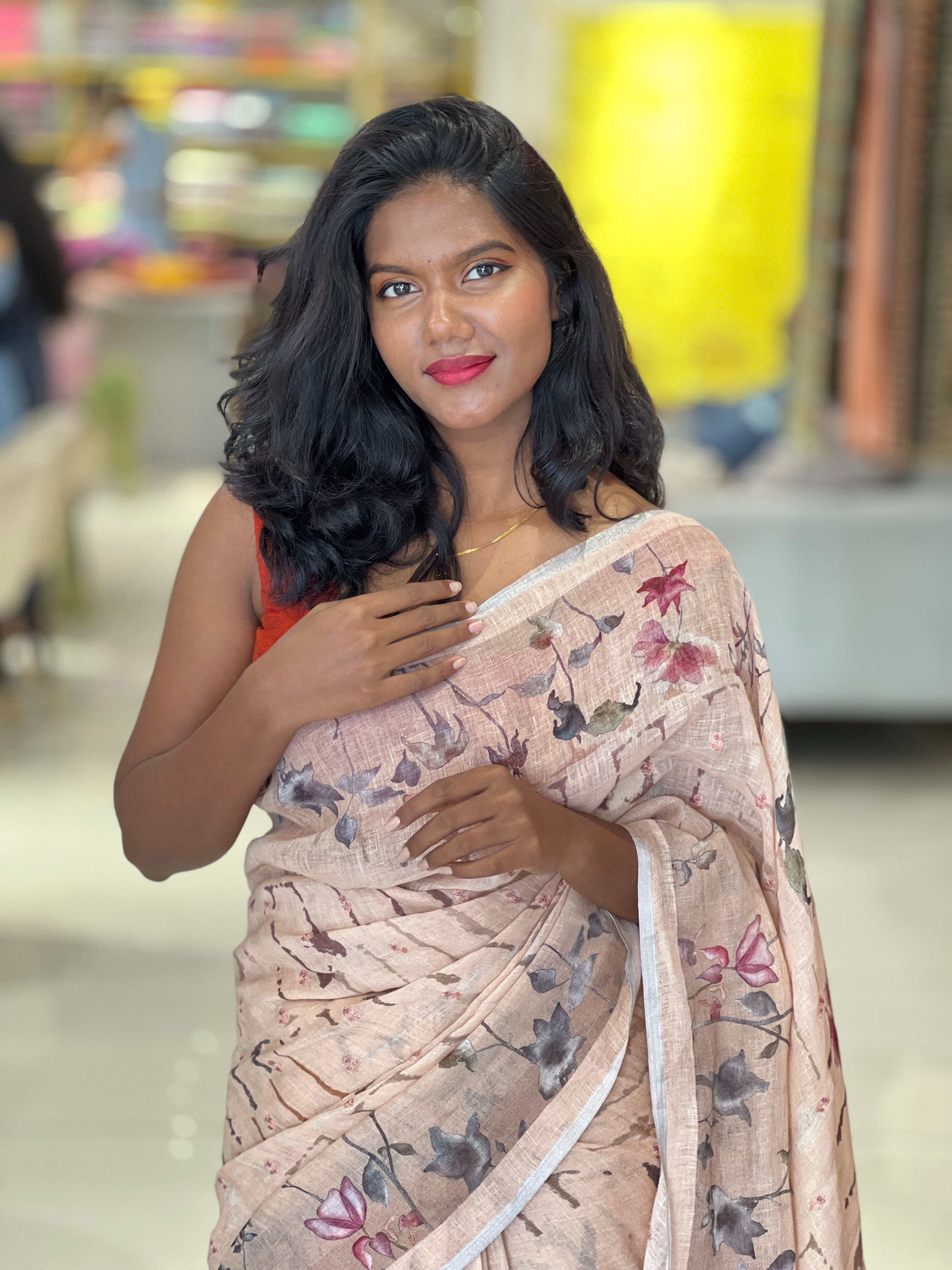 Floral Digital Print Detailed Linen Saree | SMC168