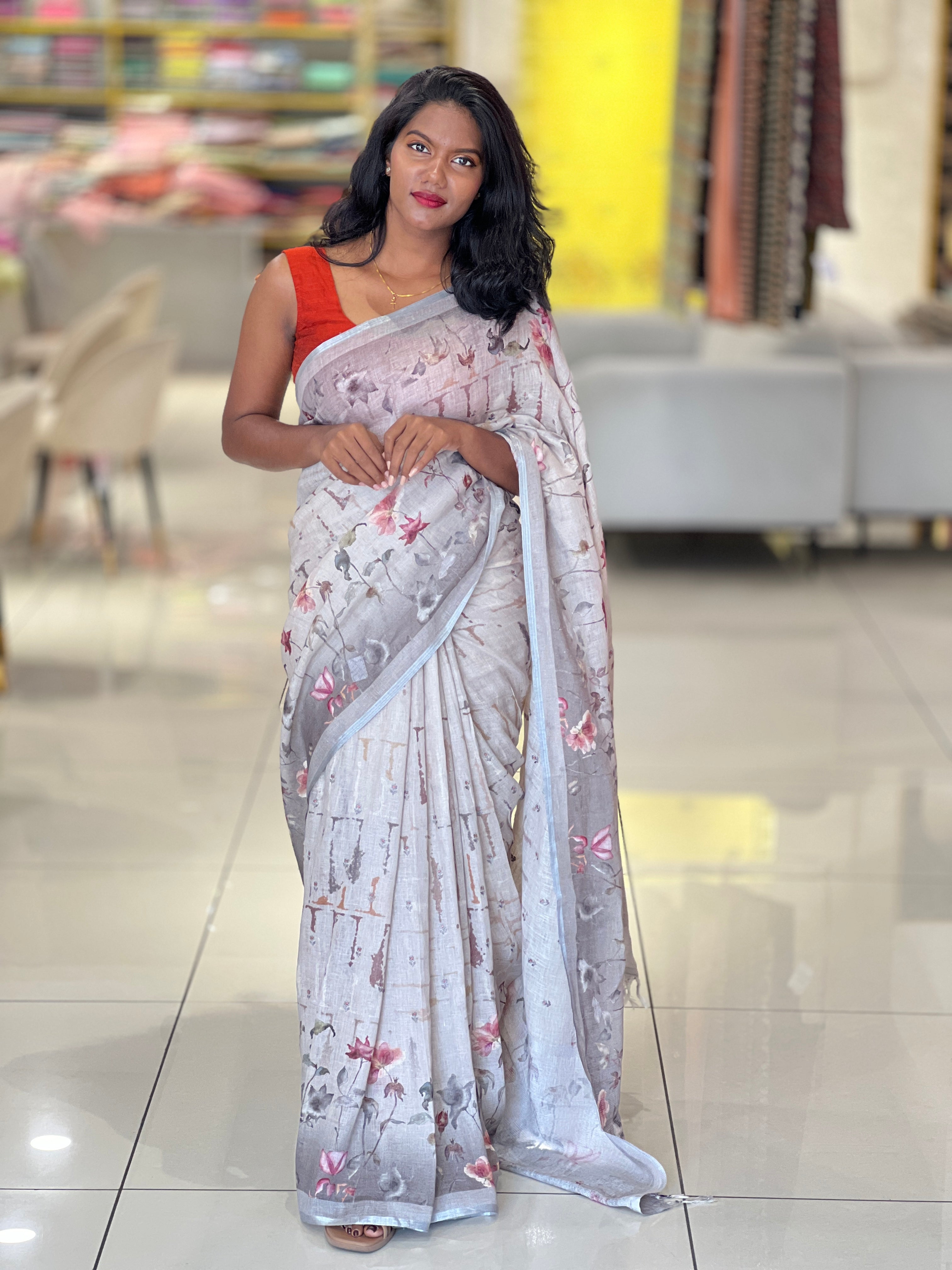 Floral Digital Print Detailed Linen Saree | SMC165