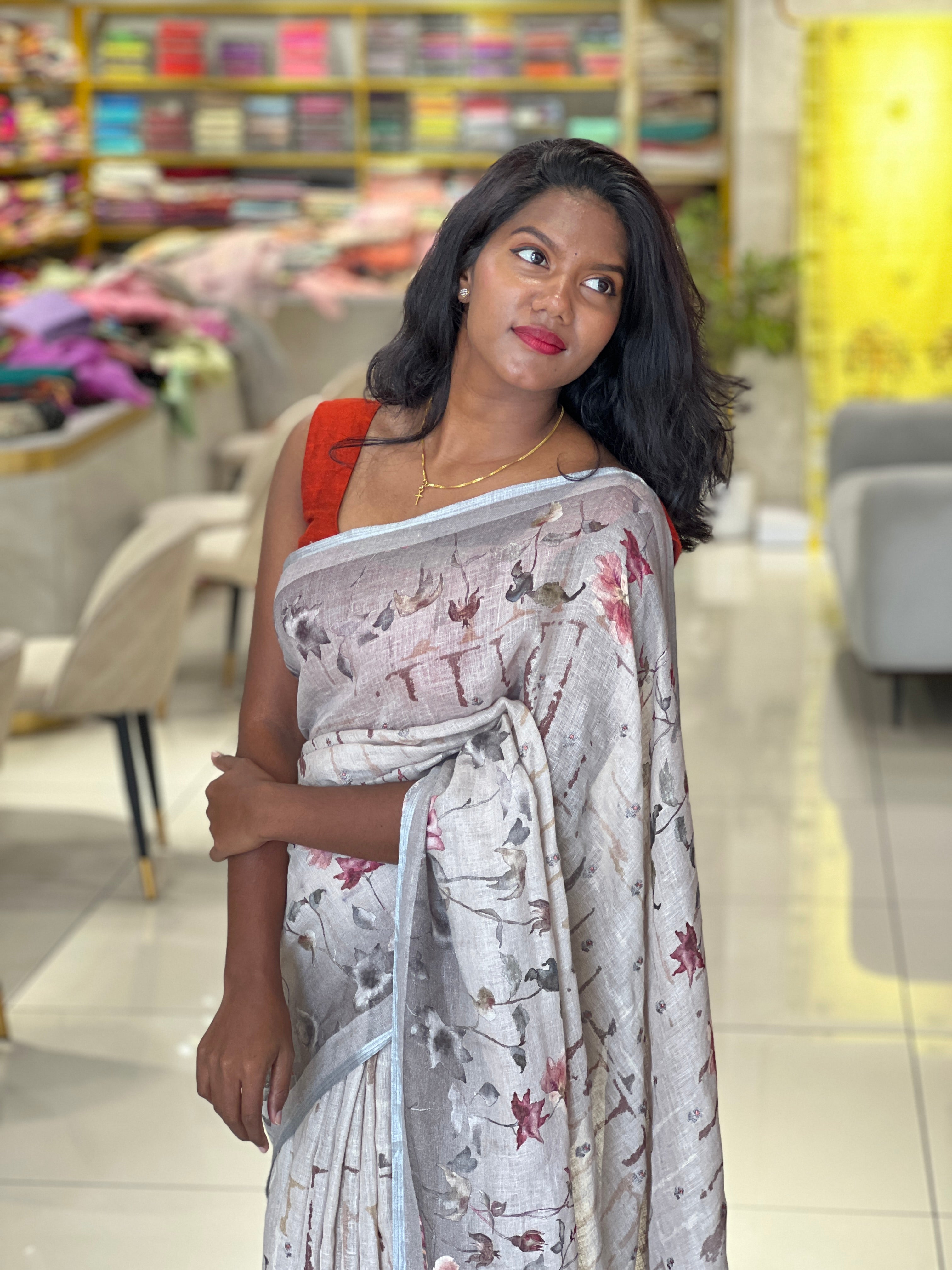 Floral Digital Print Detailed Linen Saree | SMC165